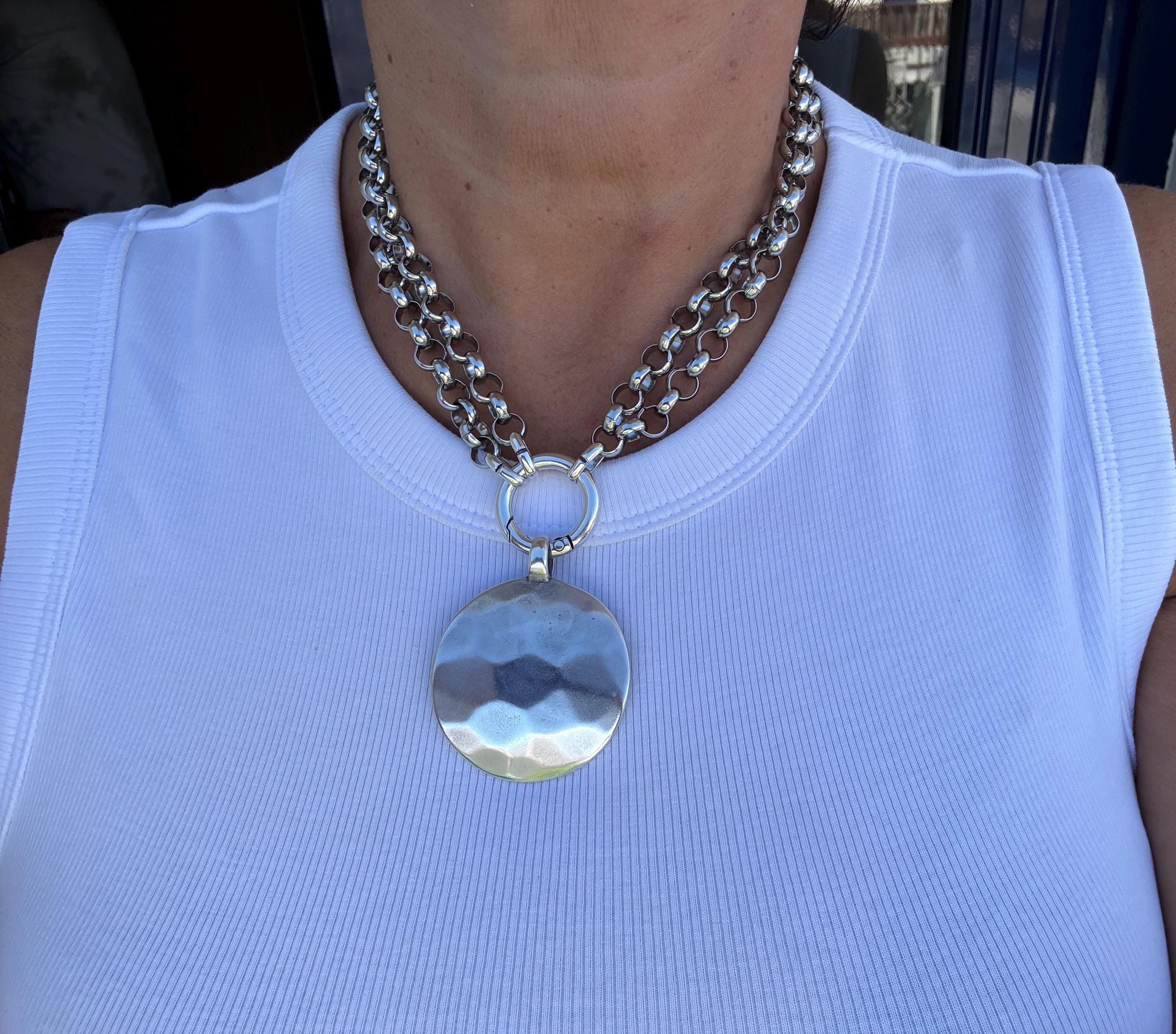 Multi-Position circle hammered Pendant Necklace – Chunky Rolo Chain – Antique Silver Finish – Handmade Kukuri Jewelry