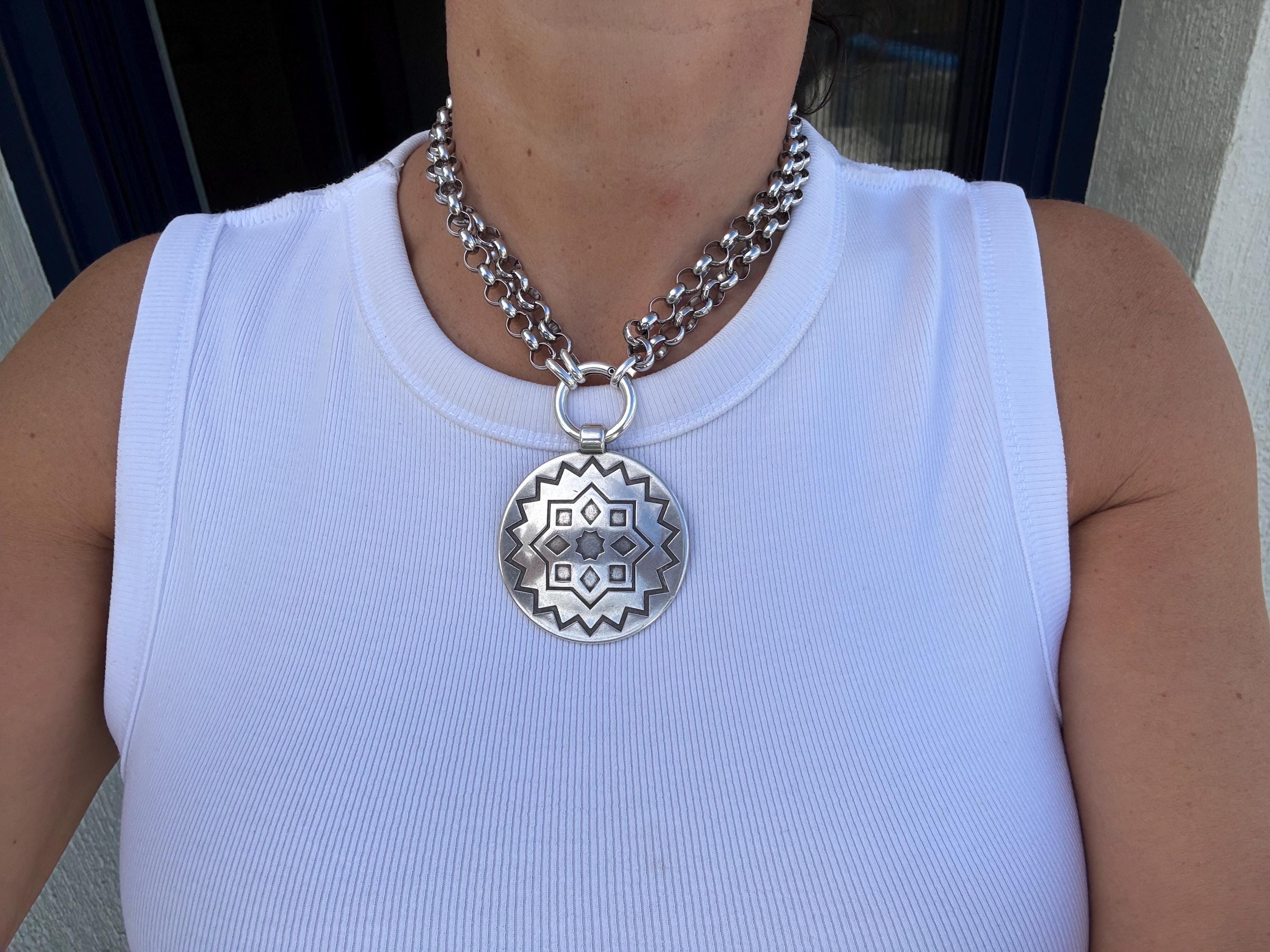 Multi-Position engraved circle Pendant Necklace – Chunky Rolo Chain – Antique Silver Finish – Handmade Kukuri Jewelry