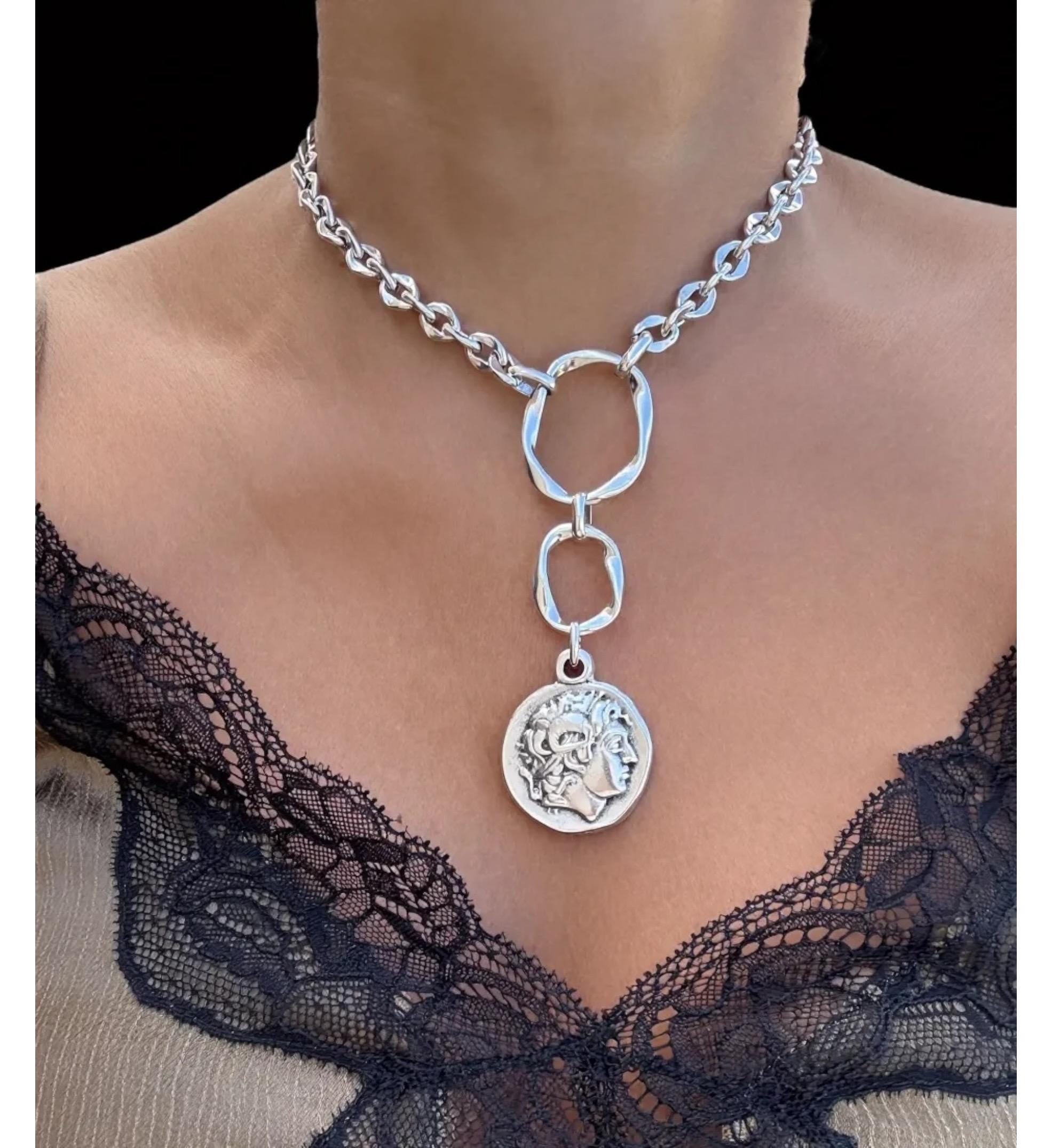Silver plated Artisian Lariat Necklace with Hammered Circles and Alexander the Great Coin pendant