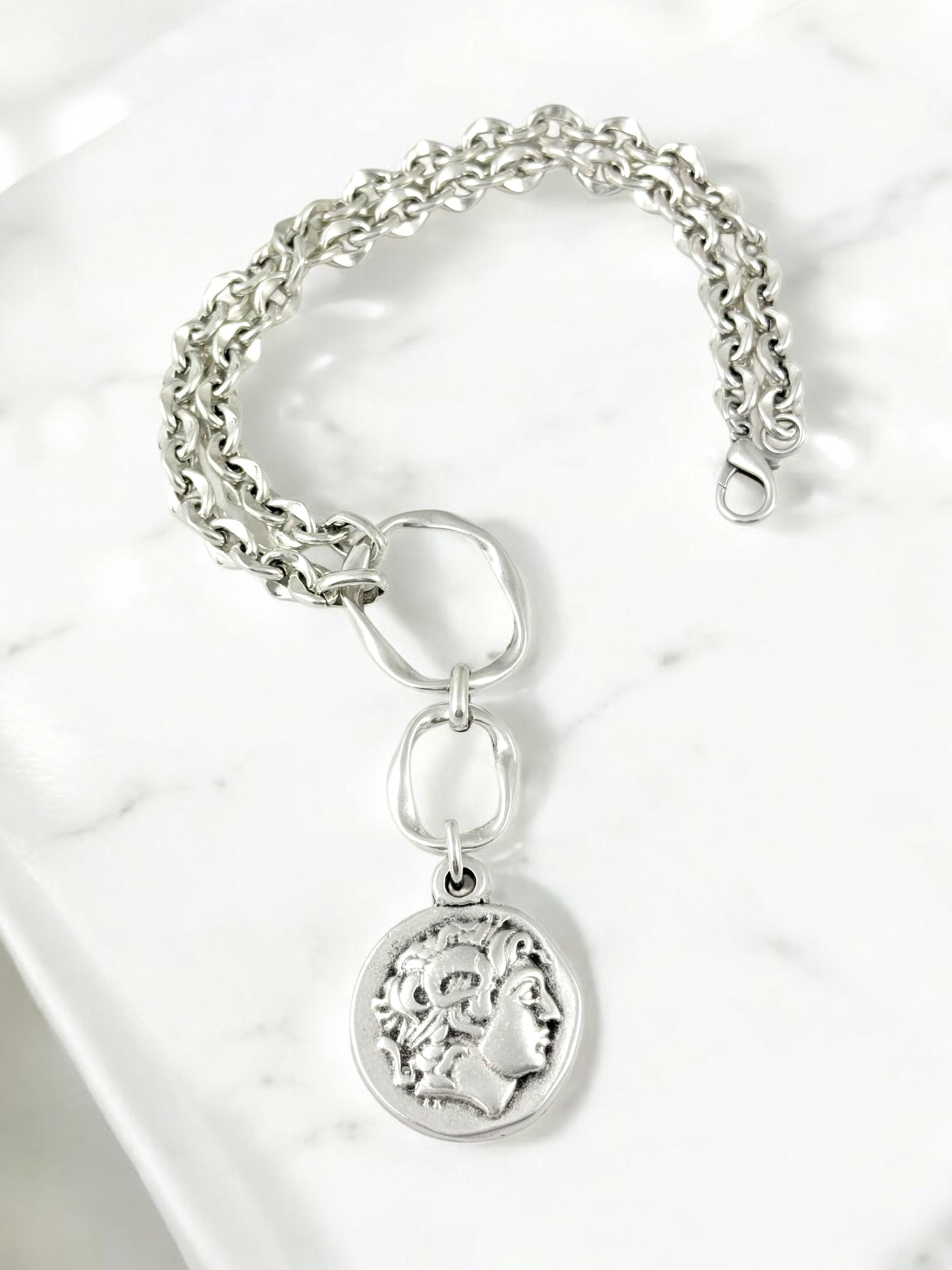 Silver plated Artisian Lariat Necklace with Hammered Circles and Alexander the Great Coin pendant