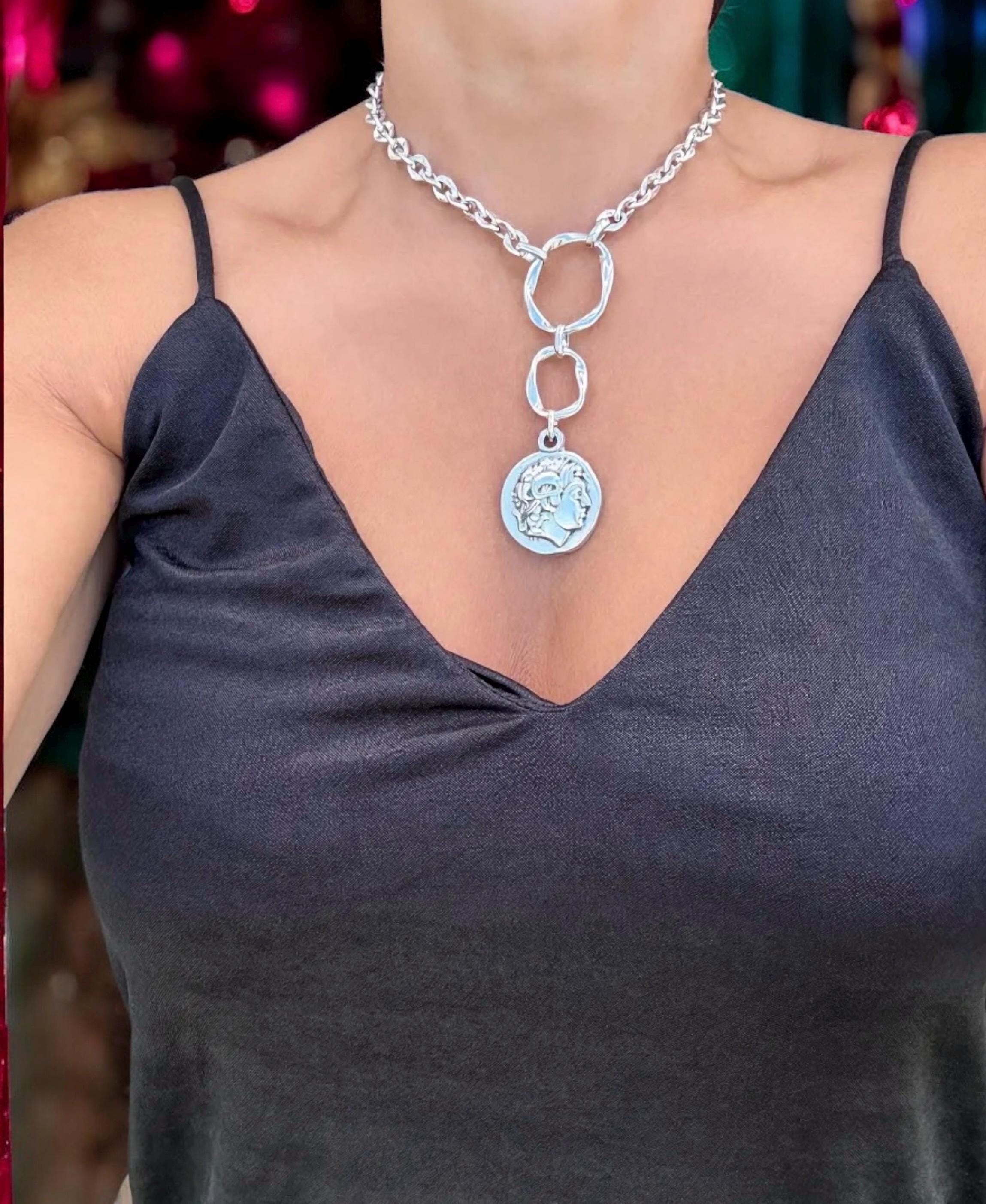 Silver plated Artisian Lariat Necklace with Hammered Circles and Alexander the Great Coin pendant