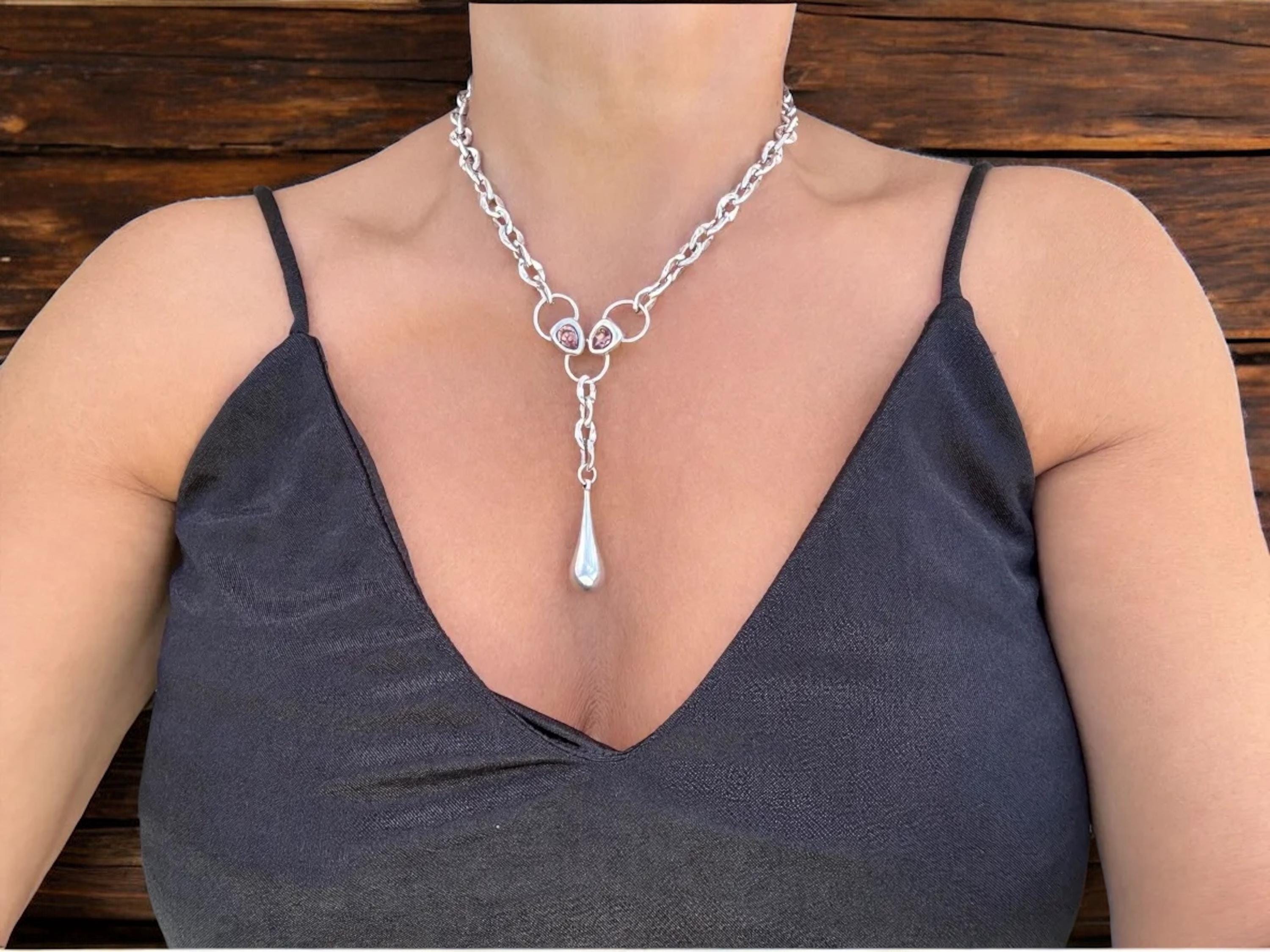 Silver Drop Pendant Necklace – Pink Swarovski Crystals – Sculptural Chain – Handmade Kukuri Jewelry