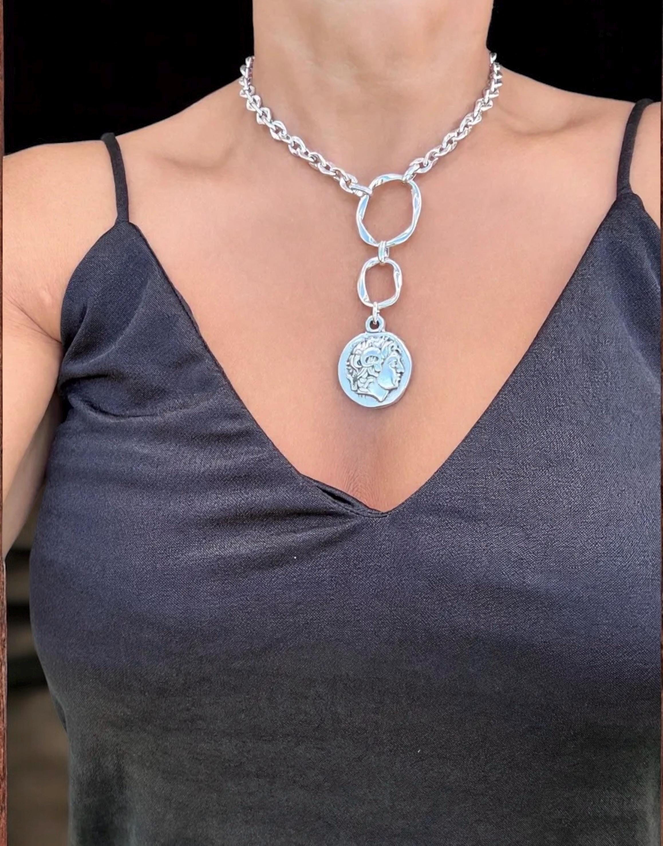 Silver plated Artisian Lariat Necklace with Hammered Circles and Alexander the Great Coin pendant