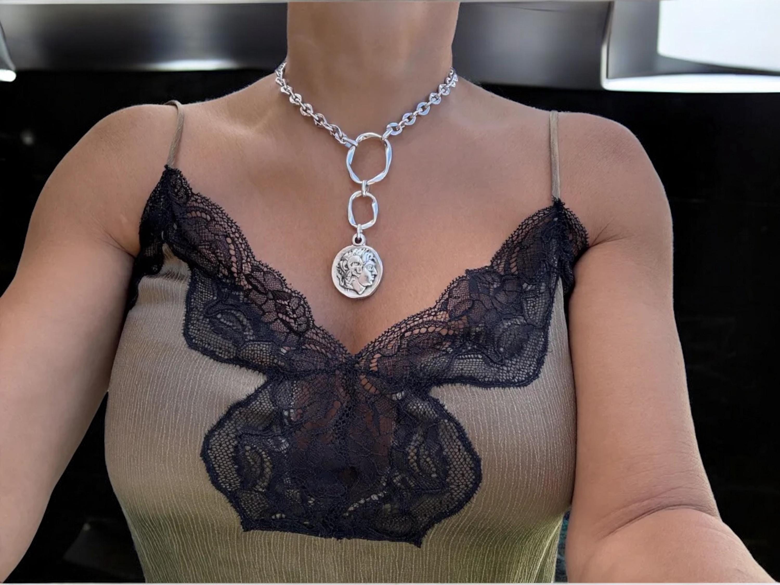 Silver plated Artisian Lariat Necklace with Hammered Circles and Alexander the Great Coin pendant