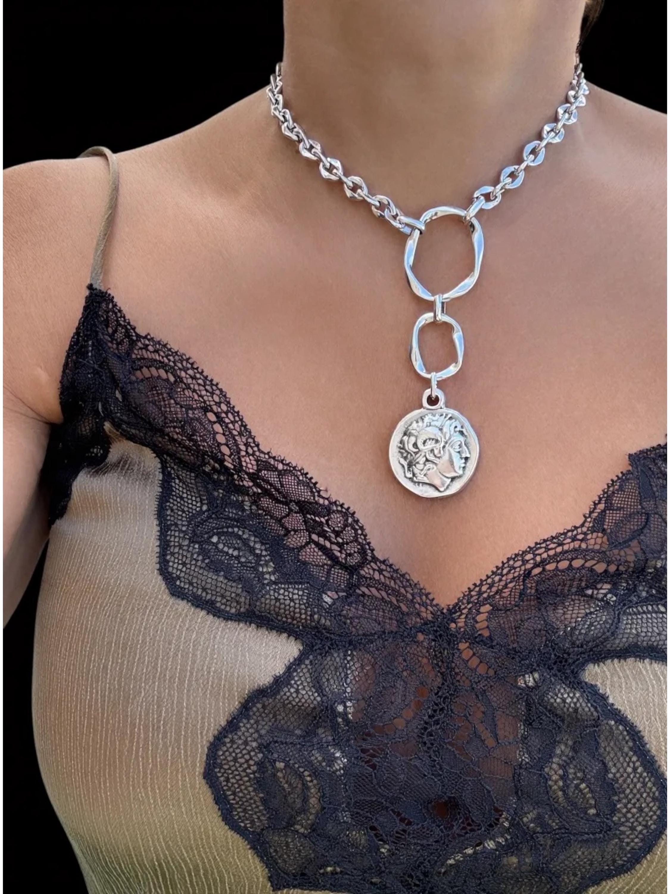 Silver plated Artisian Lariat Necklace with Hammered Circles and Alexander the Great Coin pendant