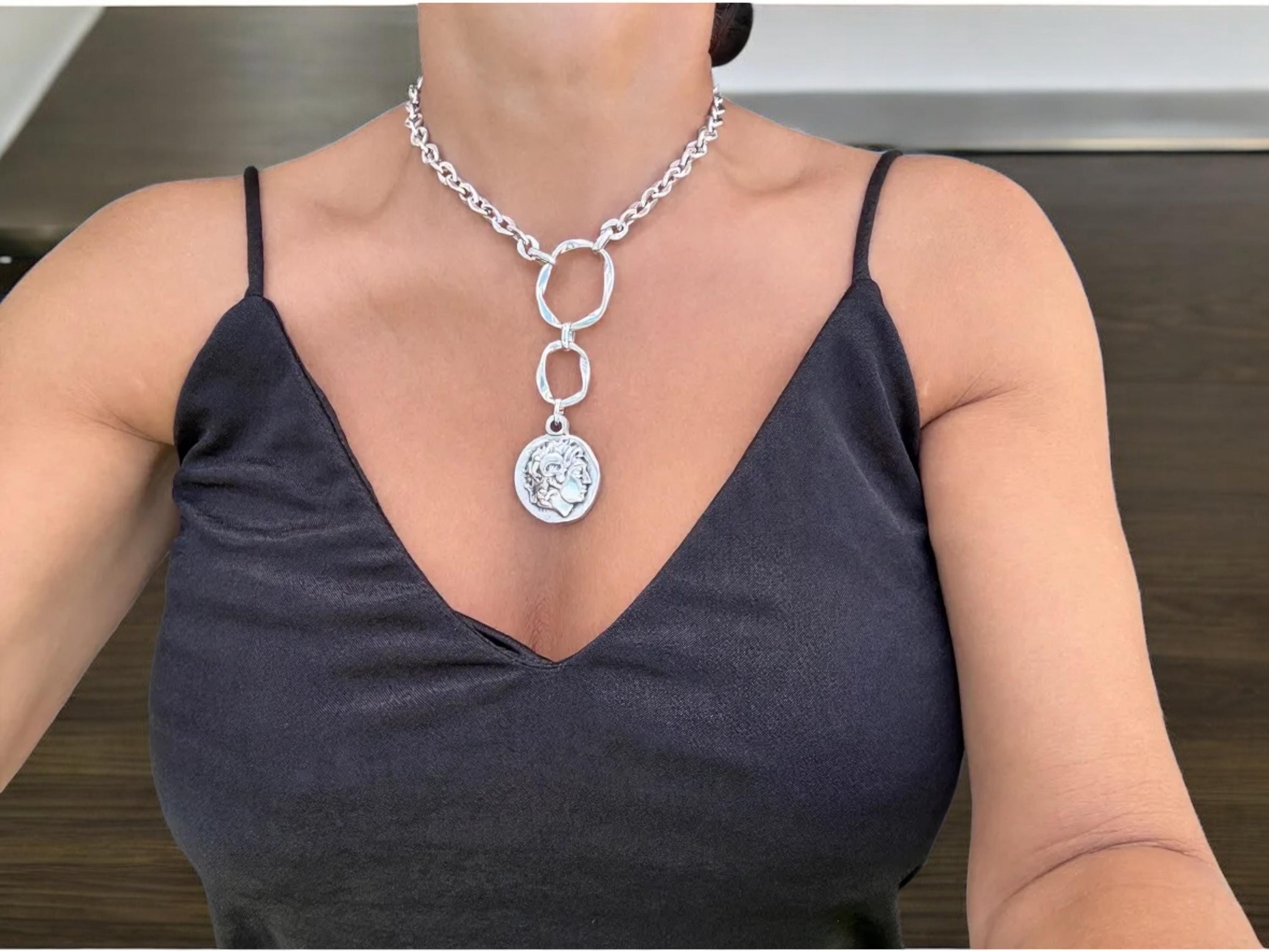 Silver plated Artisian Lariat Necklace with Hammered Circles and Alexander the Great Coin pendant