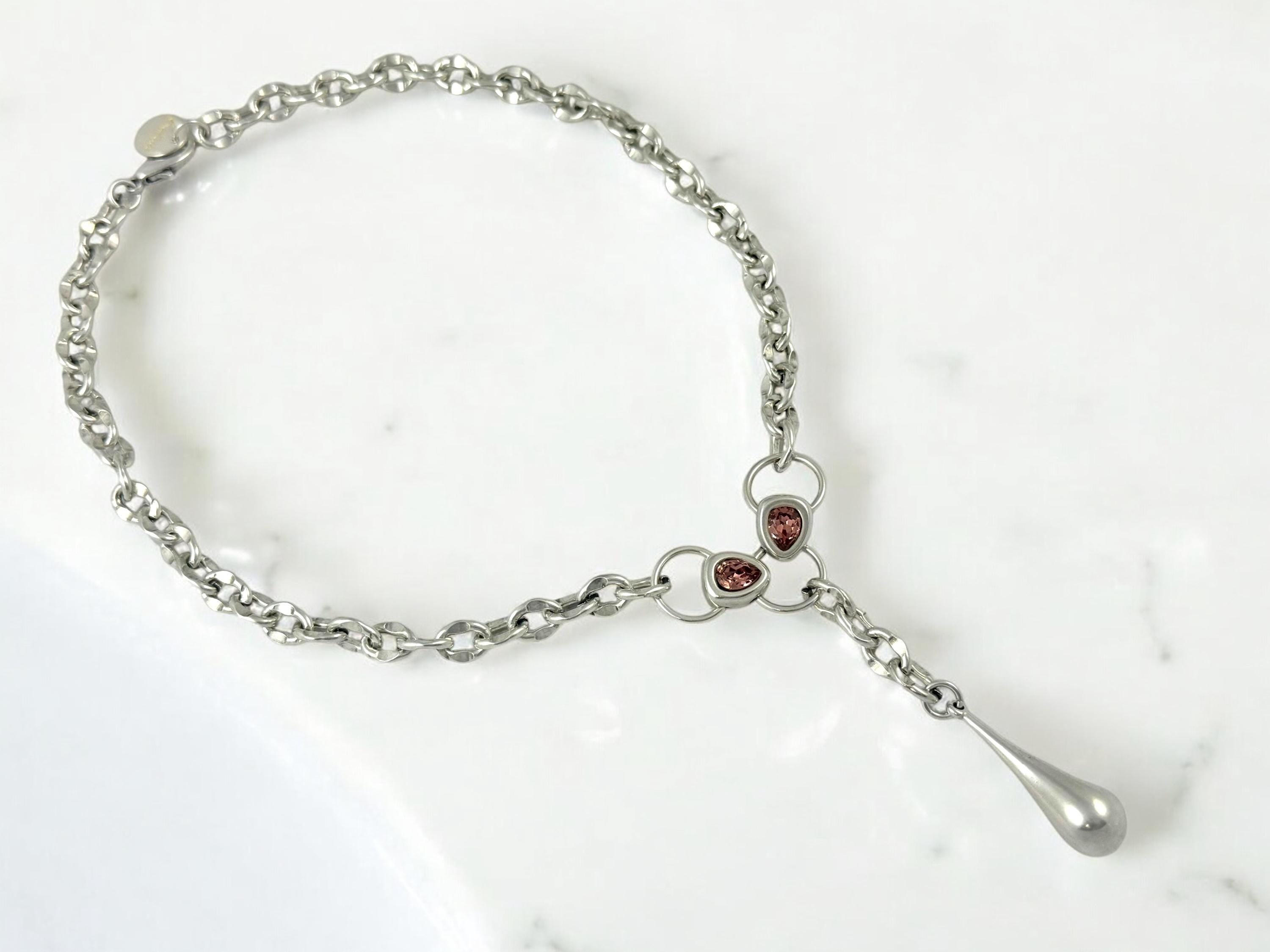 Silver Drop Pendant Necklace – Pink Swarovski Crystals – Sculptural Chain – Handmade Kukuri Jewelry