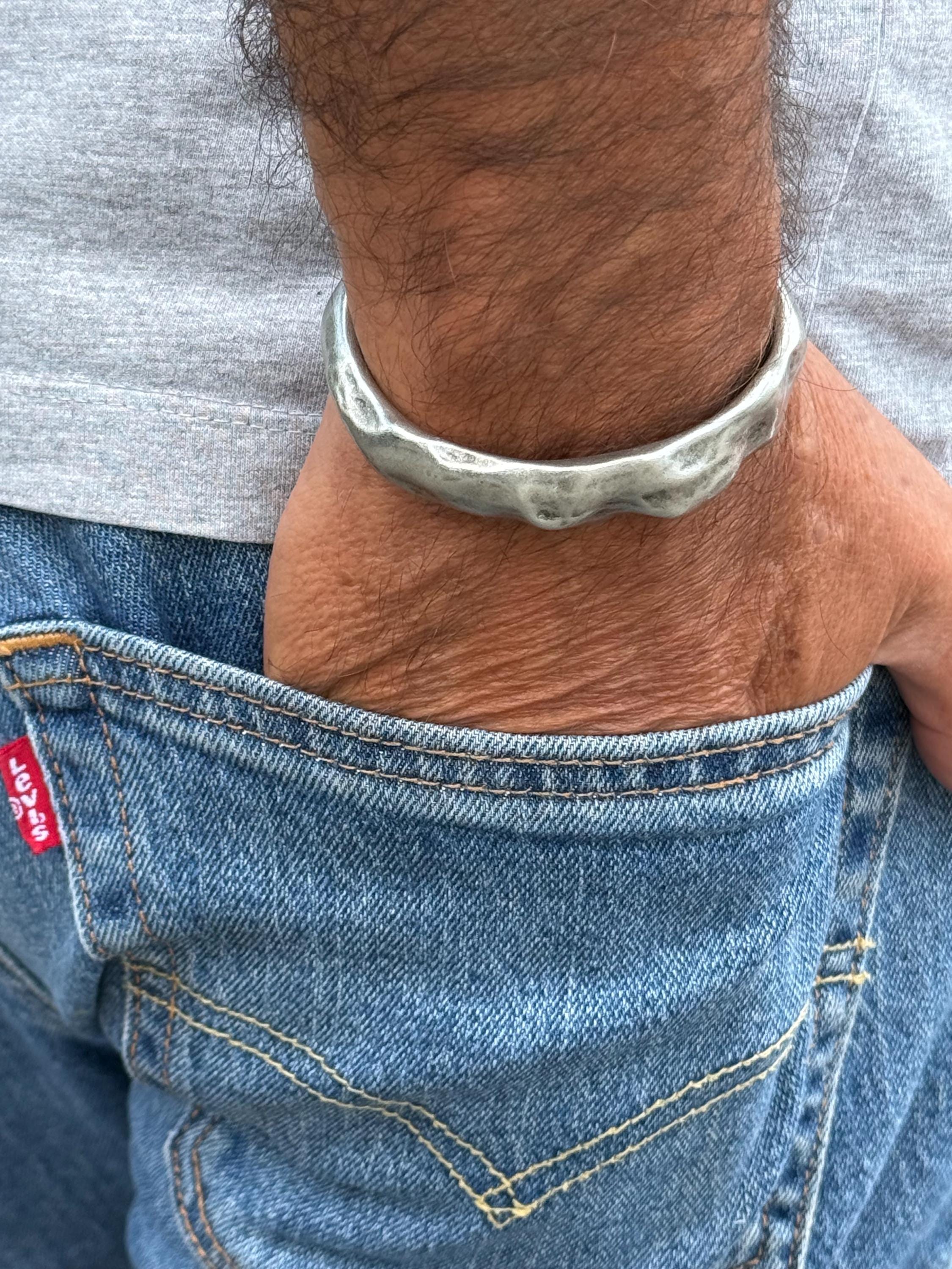 Chunky Hammered Pewter open Cuff – Vintage bold Rock Style – Adjustable Men’s Bangle – Handmade Kukuri Jewelry