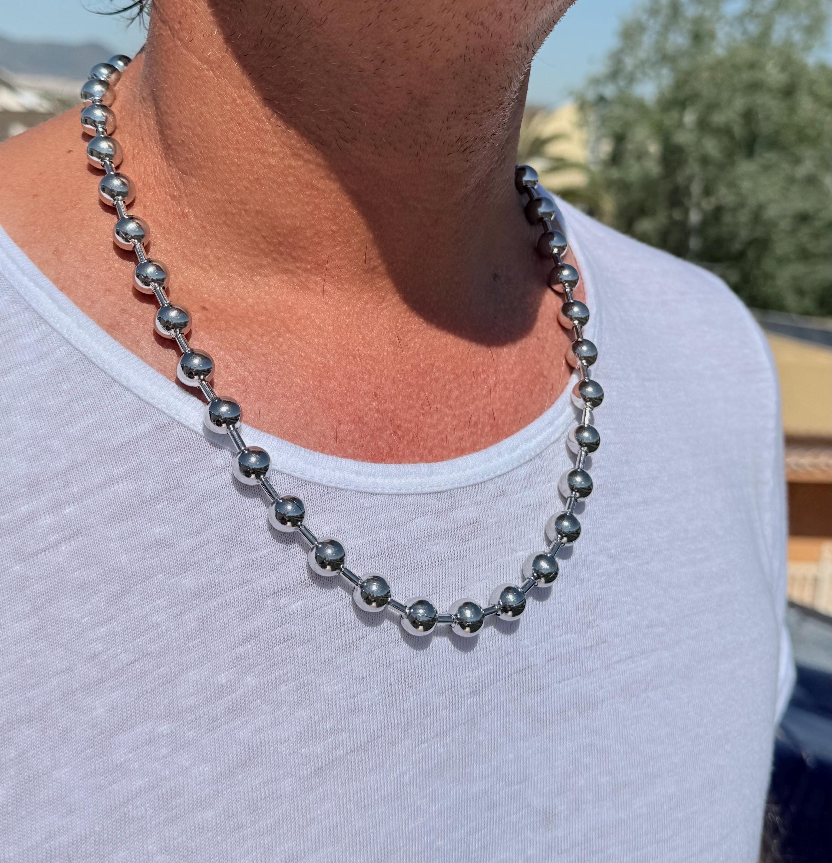 Men’s Ball Chain Necklace – 10 mm Black Silver Stainless Steel – Unisex Industrial Style – 24-Inch Water-Resistant Design – Handmade Kukuri