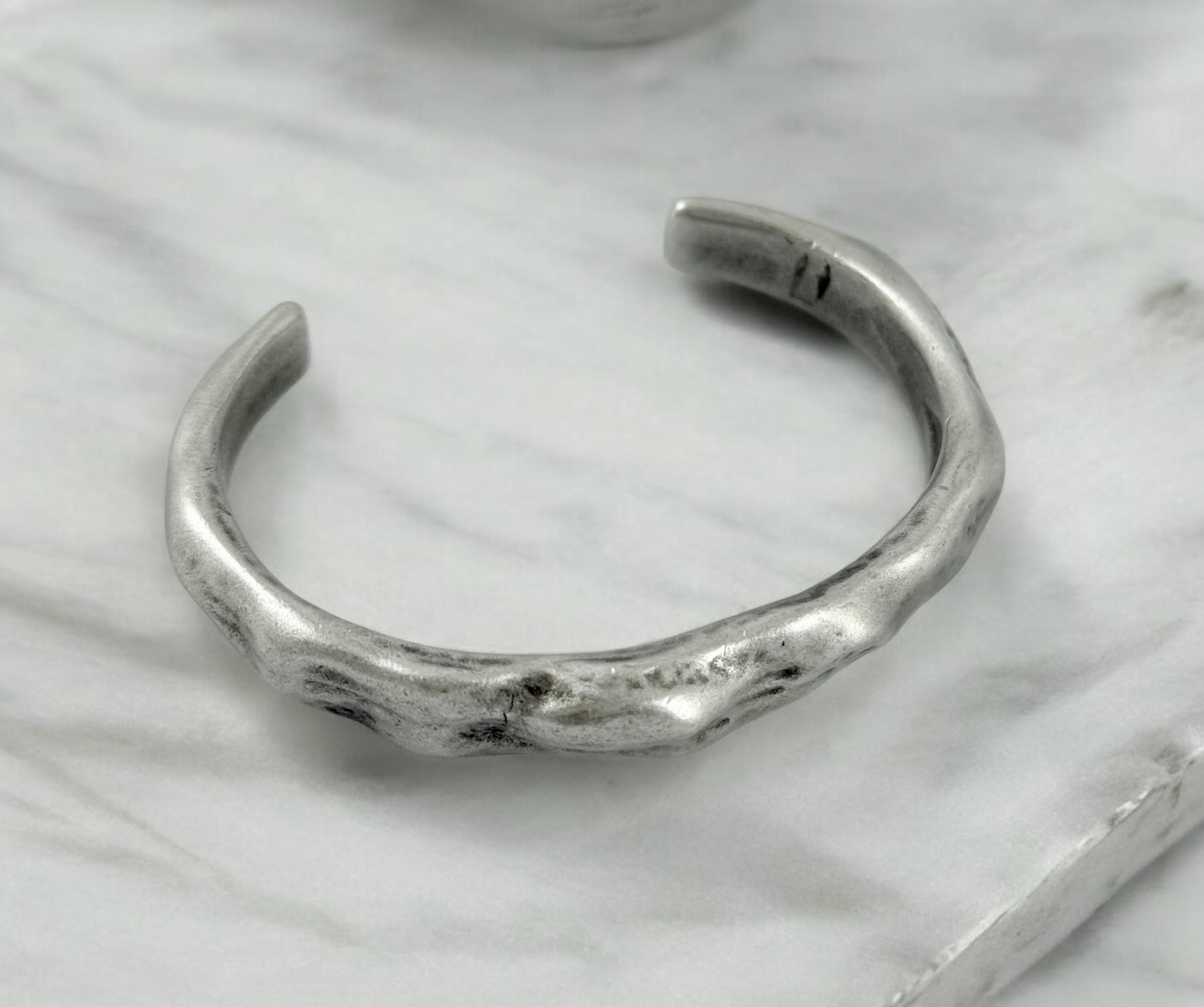 Chunky Hammered Pewter open Cuff – Vintage bold Rock Style – Adjustable Men’s Bangle – Handmade Kukuri Jewelry
