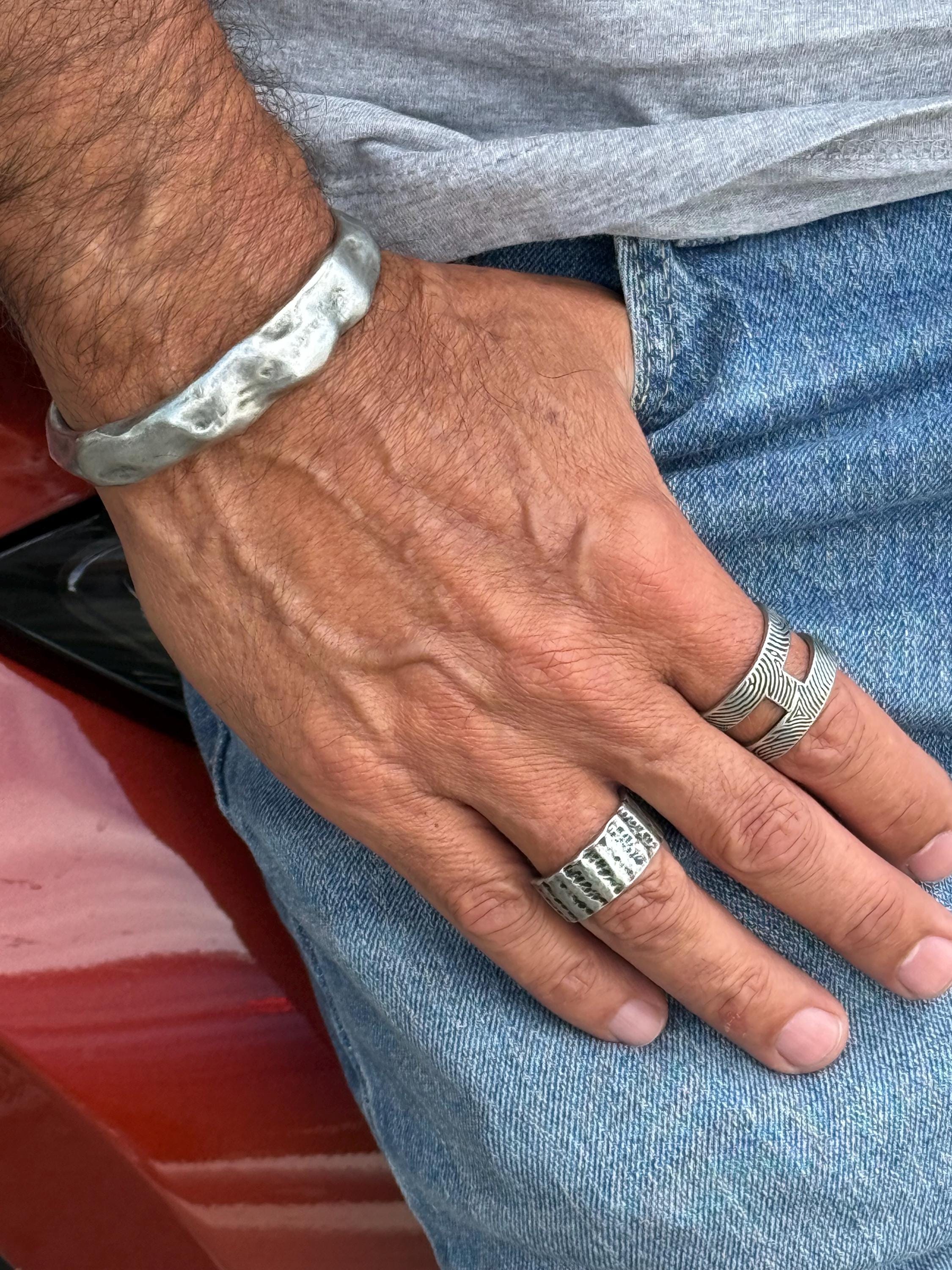 Chunky Hammered Pewter open Cuff – Vintage bold Rock Style – Adjustable Men’s Bangle – Handmade Kukuri Jewelry