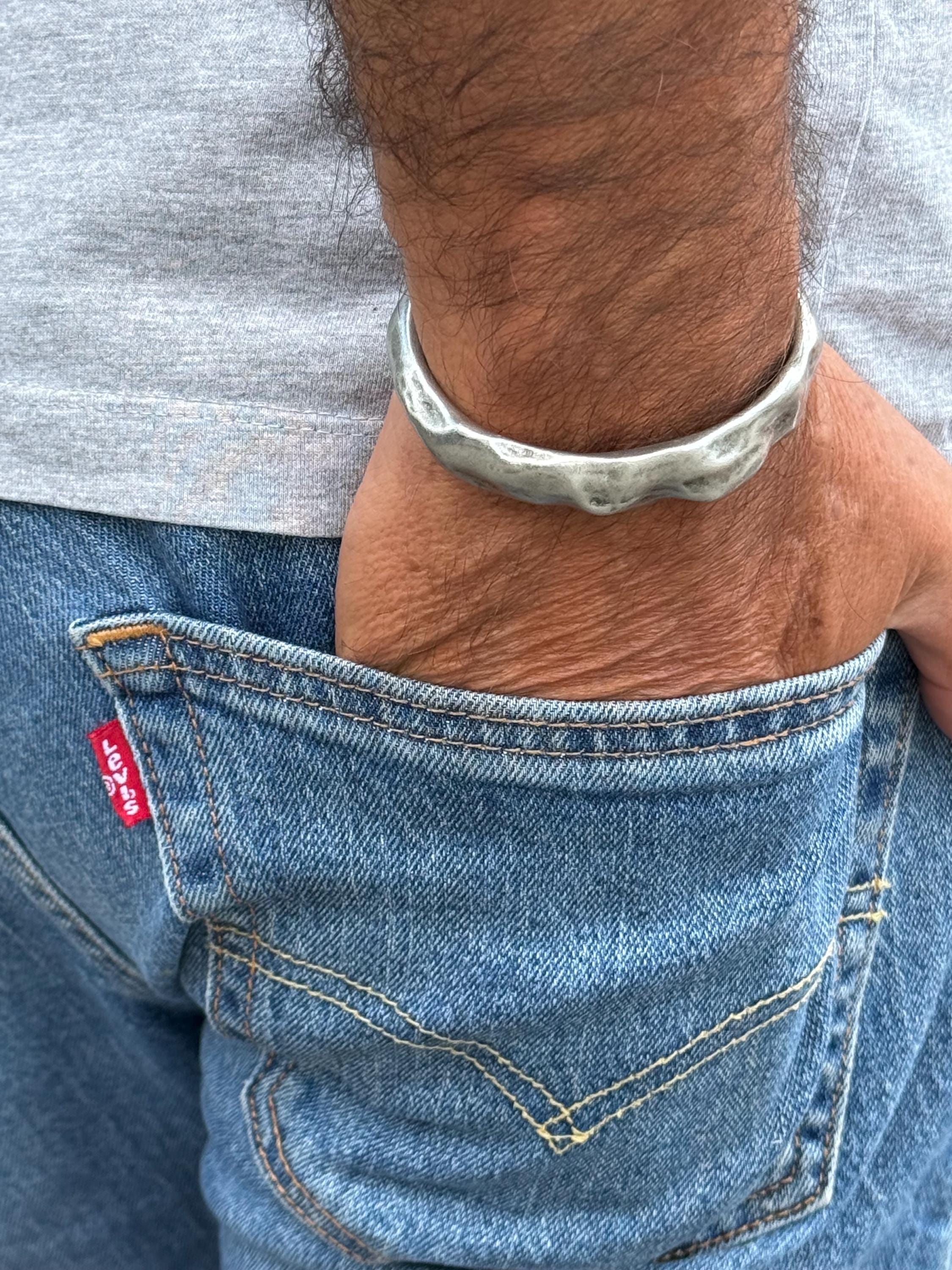 Chunky Hammered Pewter open Cuff – Vintage bold Rock Style – Adjustable Men’s Bangle – Handmade Kukuri Jewelry