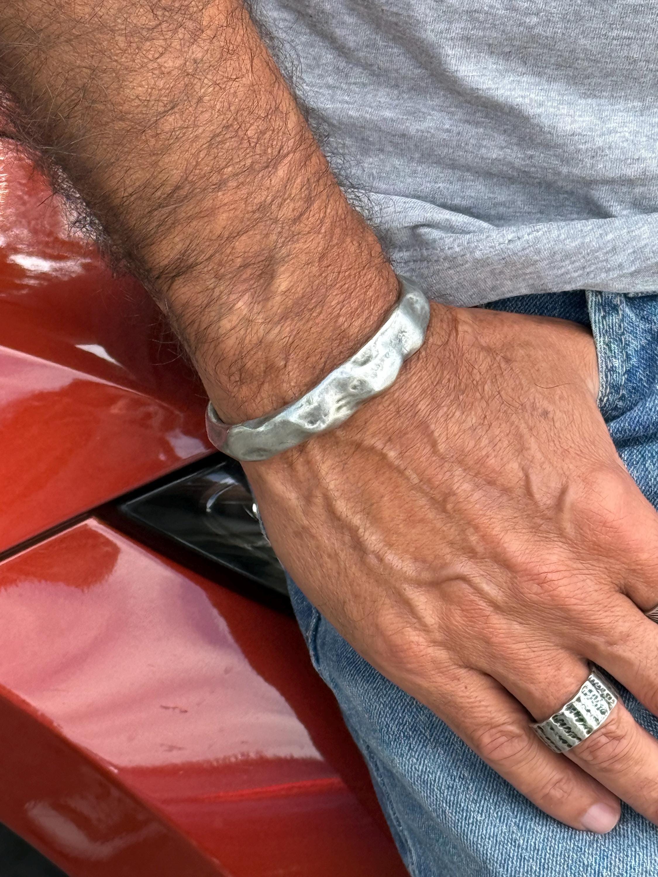 Chunky Hammered Pewter open Cuff – Vintage bold Rock Style – Adjustable Men’s Bangle – Handmade Kukuri Jewelry