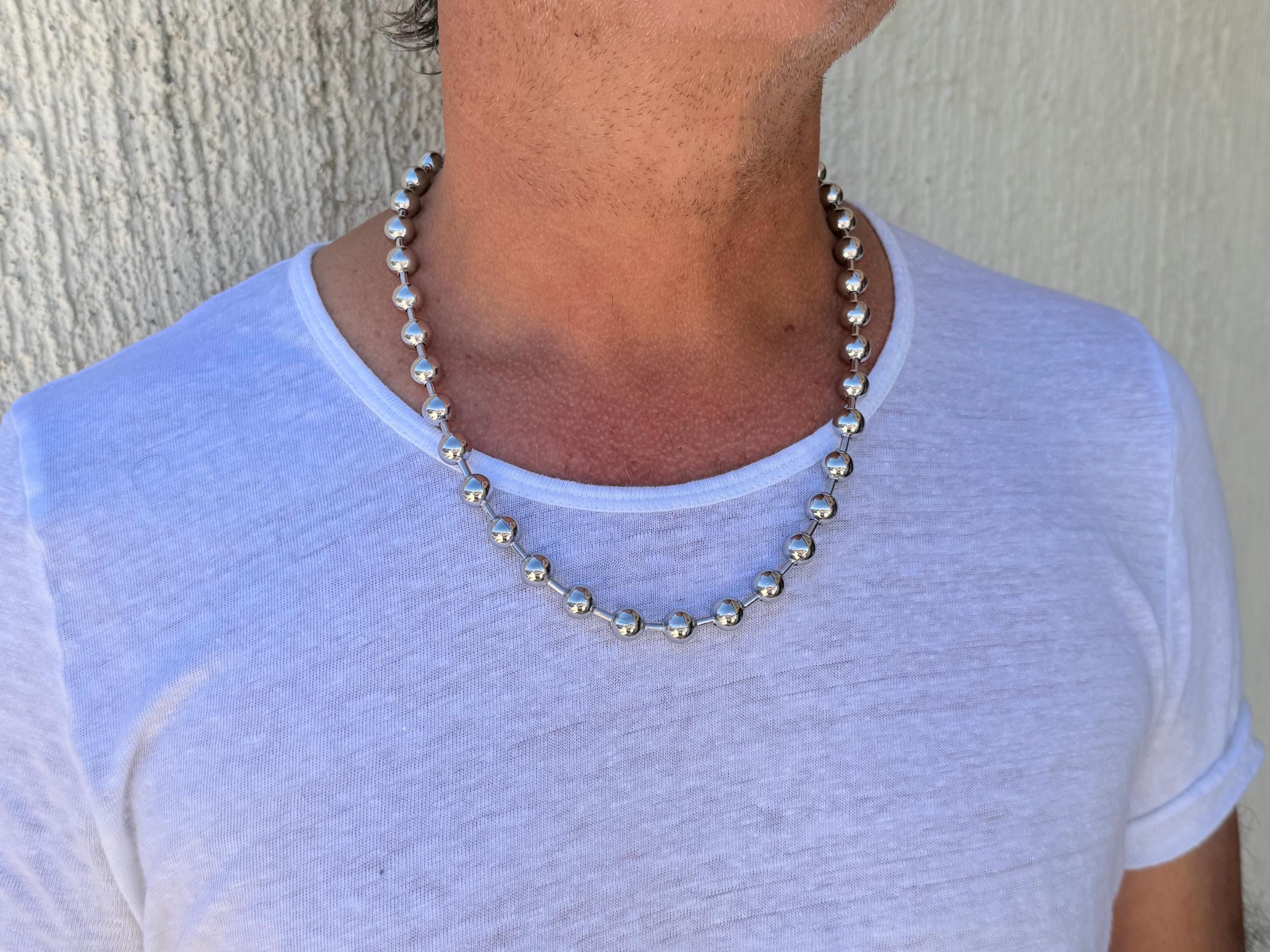 Men’s Ball Chain Necklace – 10 mm Black Silver Stainless Steel – Unisex Industrial Style – 24-Inch Water-Resistant Design – Handmade Kukuri