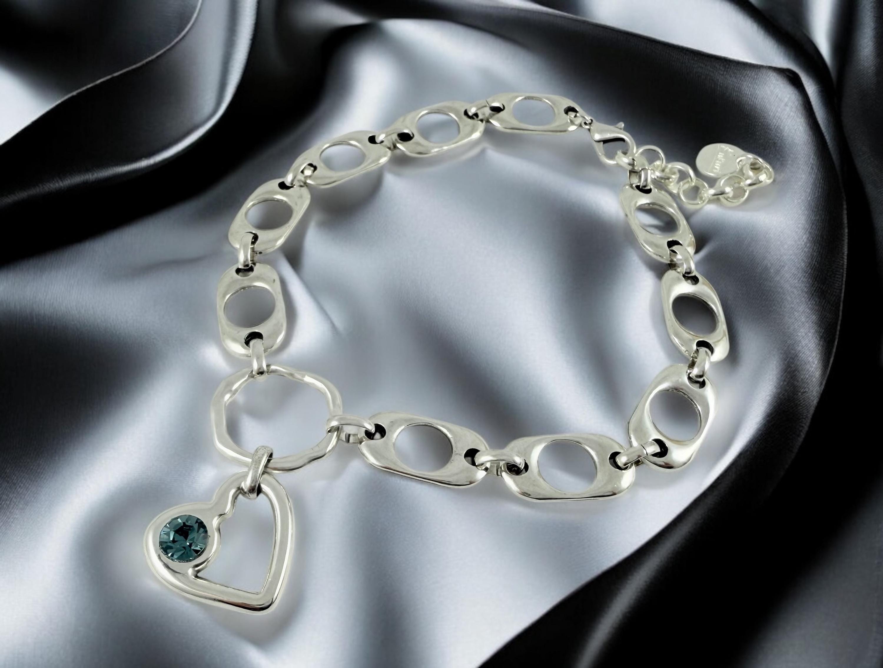 Chunky Silver Heart Pendant Choker – Swarovski Crystal – Big Link Bold Chain – Adjustable – Handmade Kukuri Jewelry