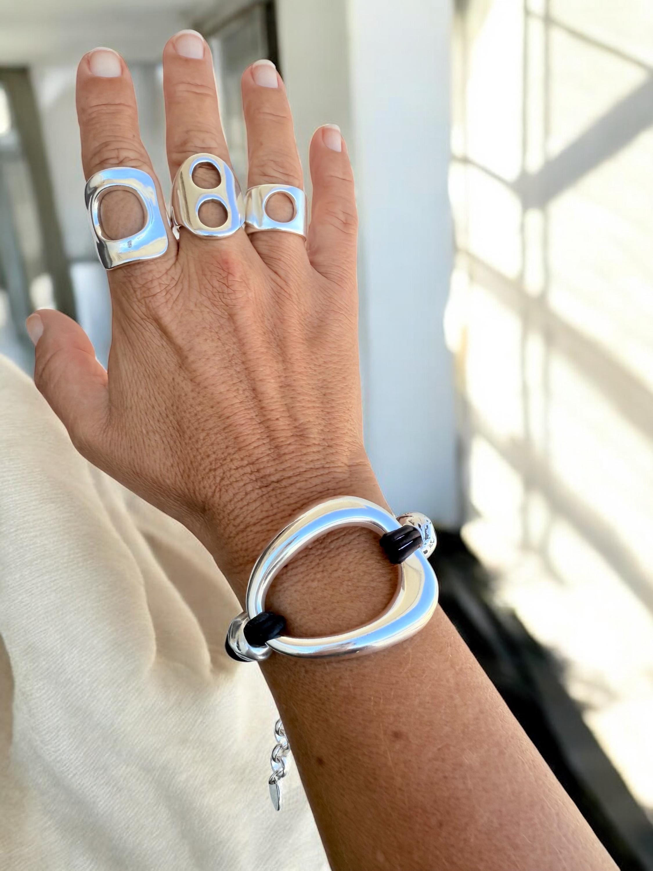 Chunky Leather & Silver bold Bracelet – Brutalist Boho Style – Adjustable – Handmade Kukuri Jewelry