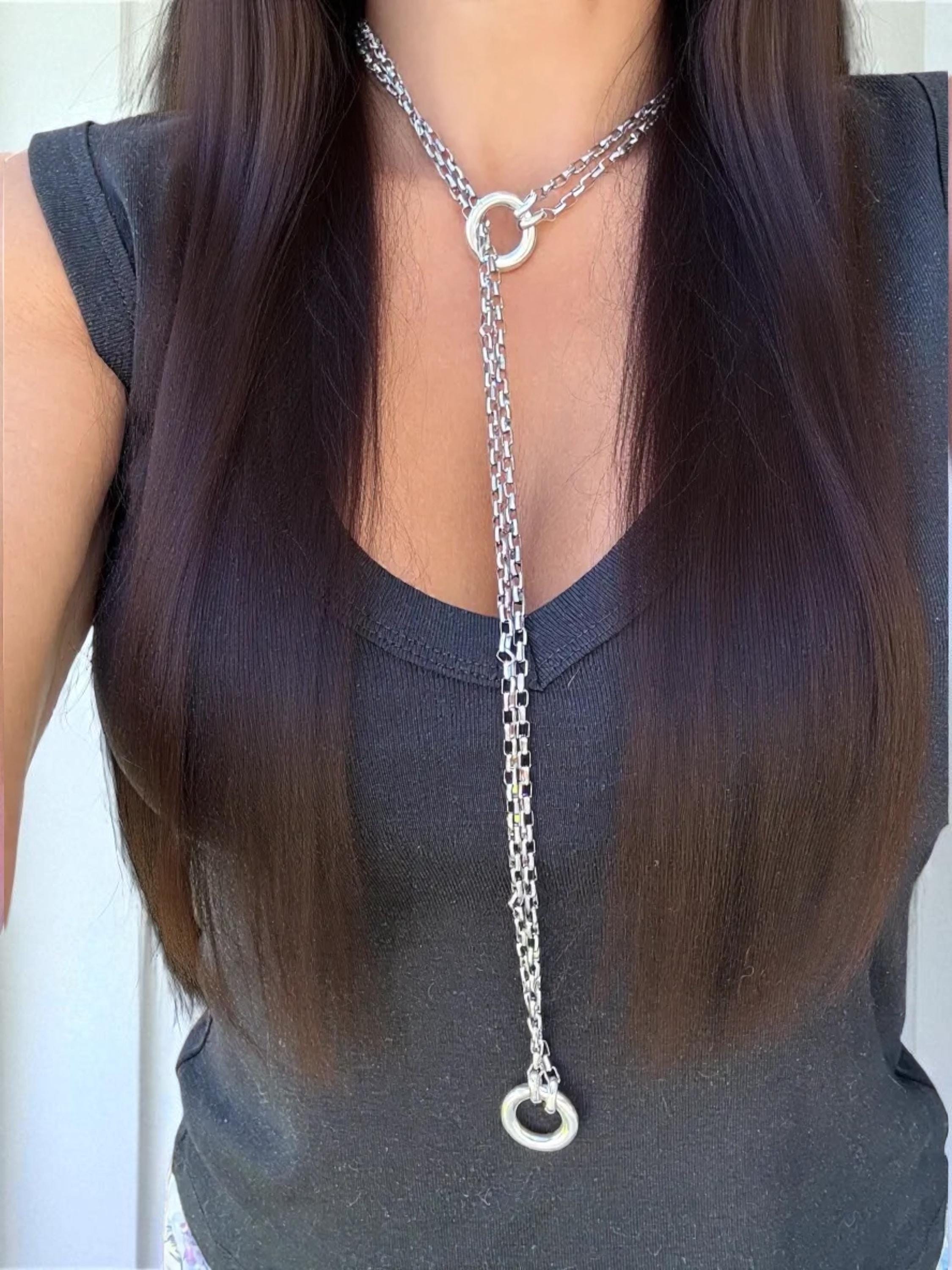 Double silver antique Chain Lariat Necklace – Industrial Modern bold Style – Kukuri Exclusive – Handmade