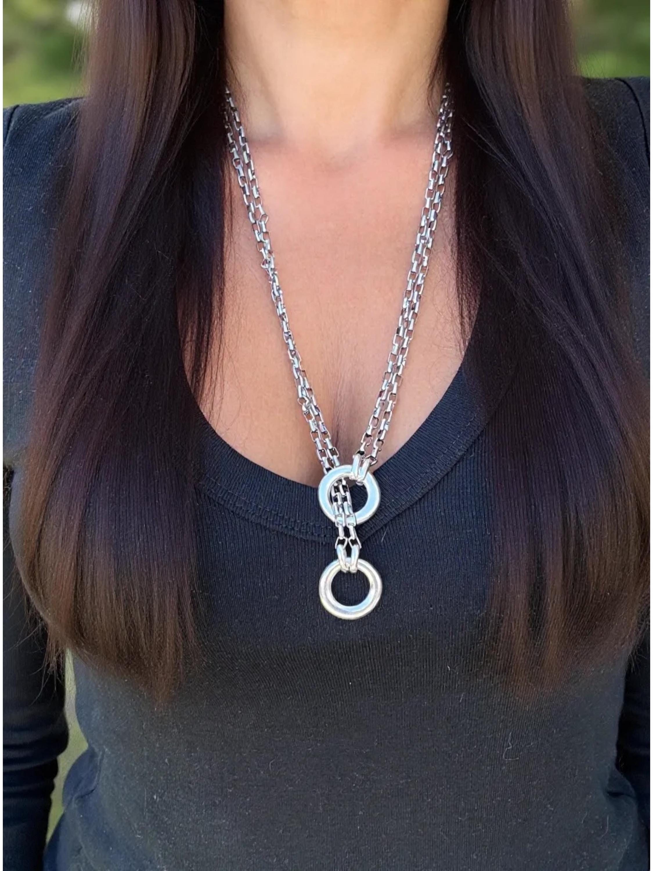 Double silver antique Chain Lariat Necklace – Industrial Modern bold Style – Kukuri Exclusive – Handmade