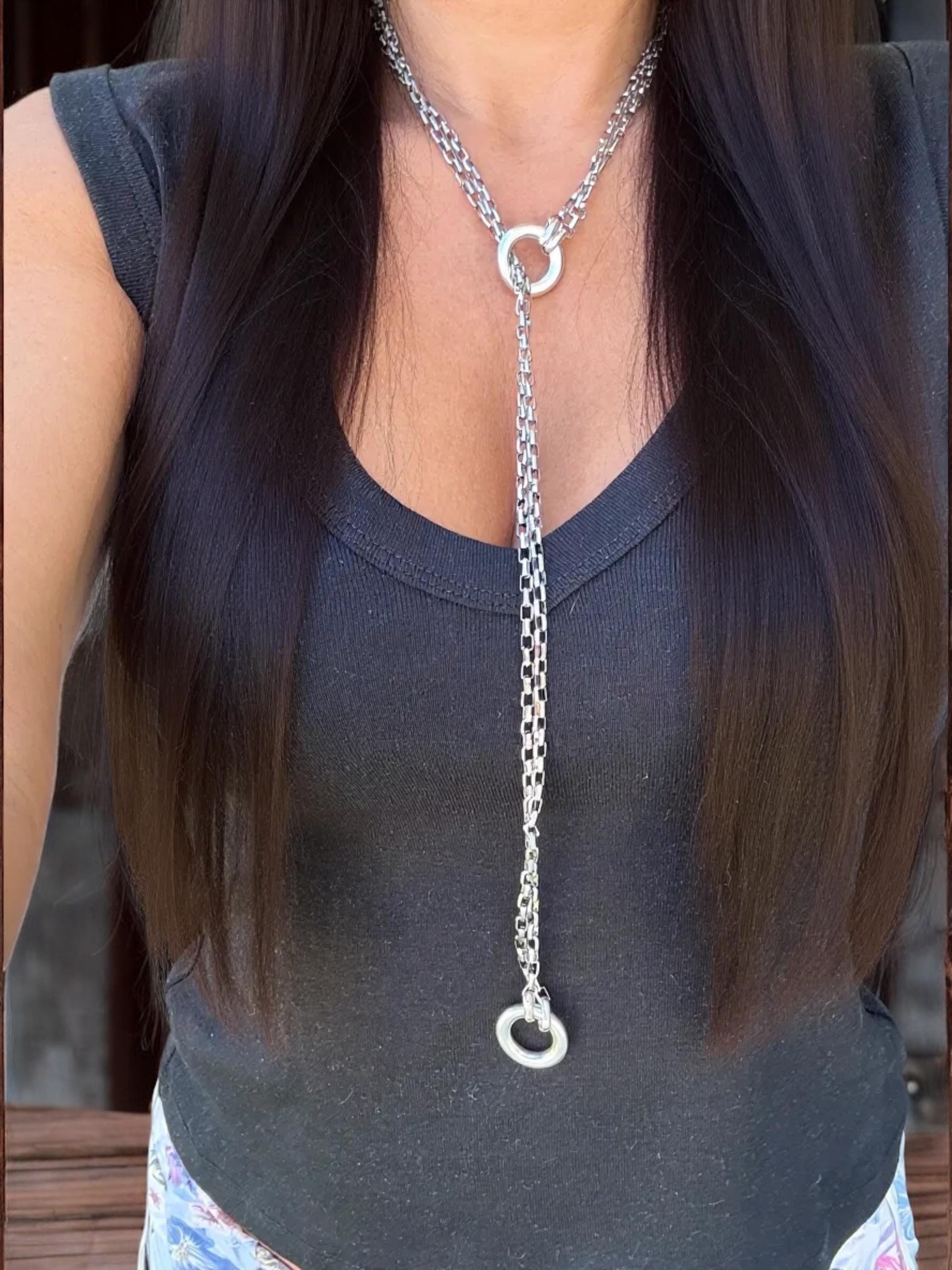 Double silver antique Chain Lariat Necklace – Industrial Modern bold Style – Kukuri Exclusive – Handmade