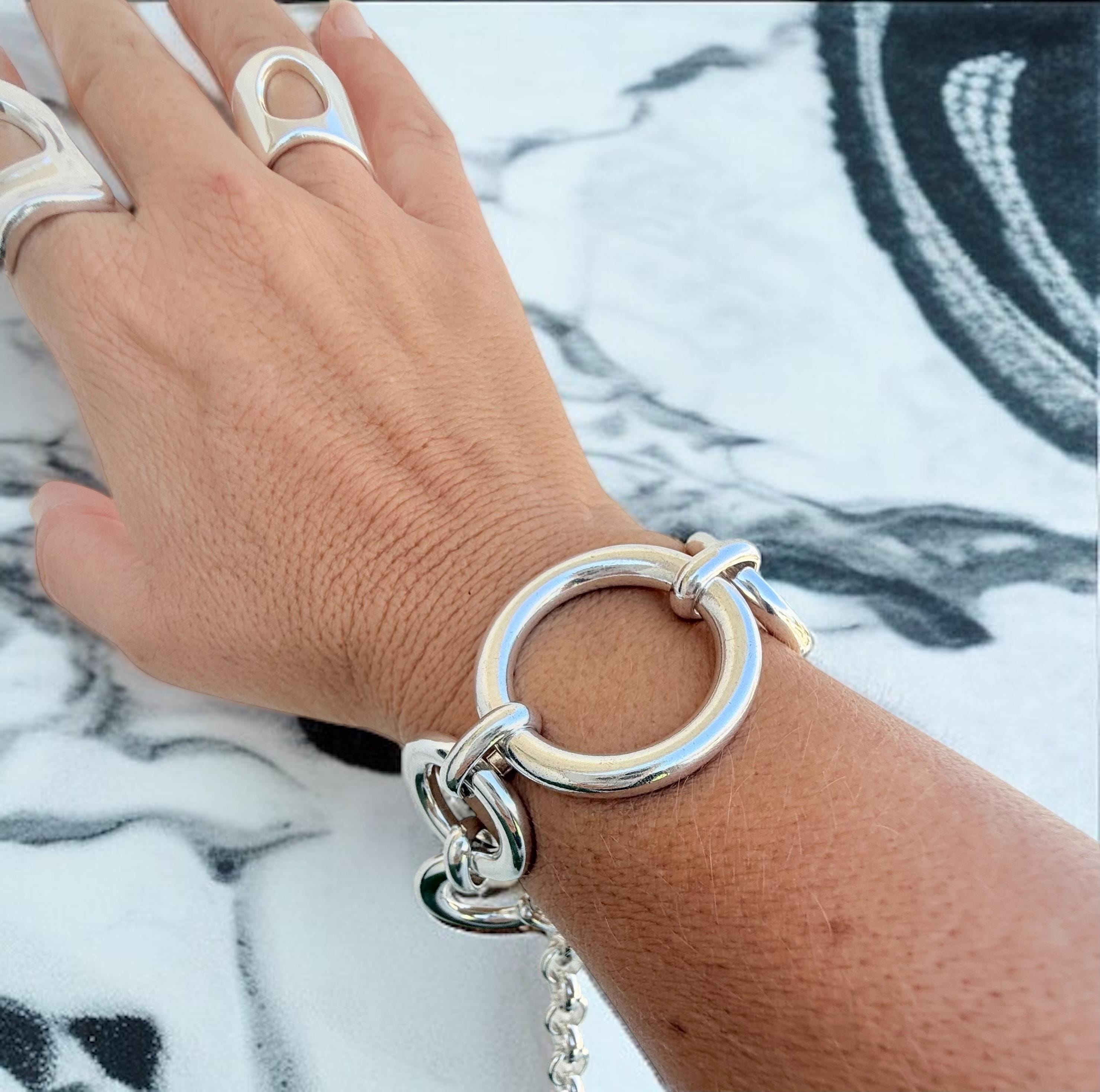 Chunky Round-Link Silver Bracelet – Oversized bold Rings – adjustable big size – Handmade Kukuri Jewelry