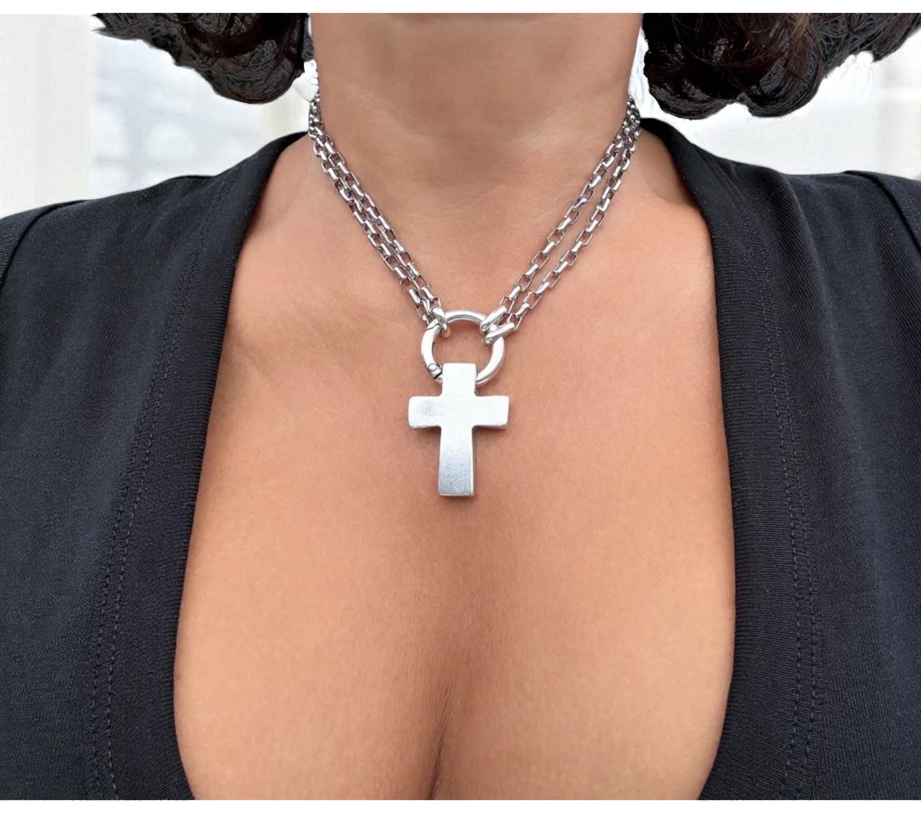 Multi-Position long chunky Silver Necklace – statement Cross Pendant – 3-in-1 Layered Chain – Handmade Kukuri Jewelry