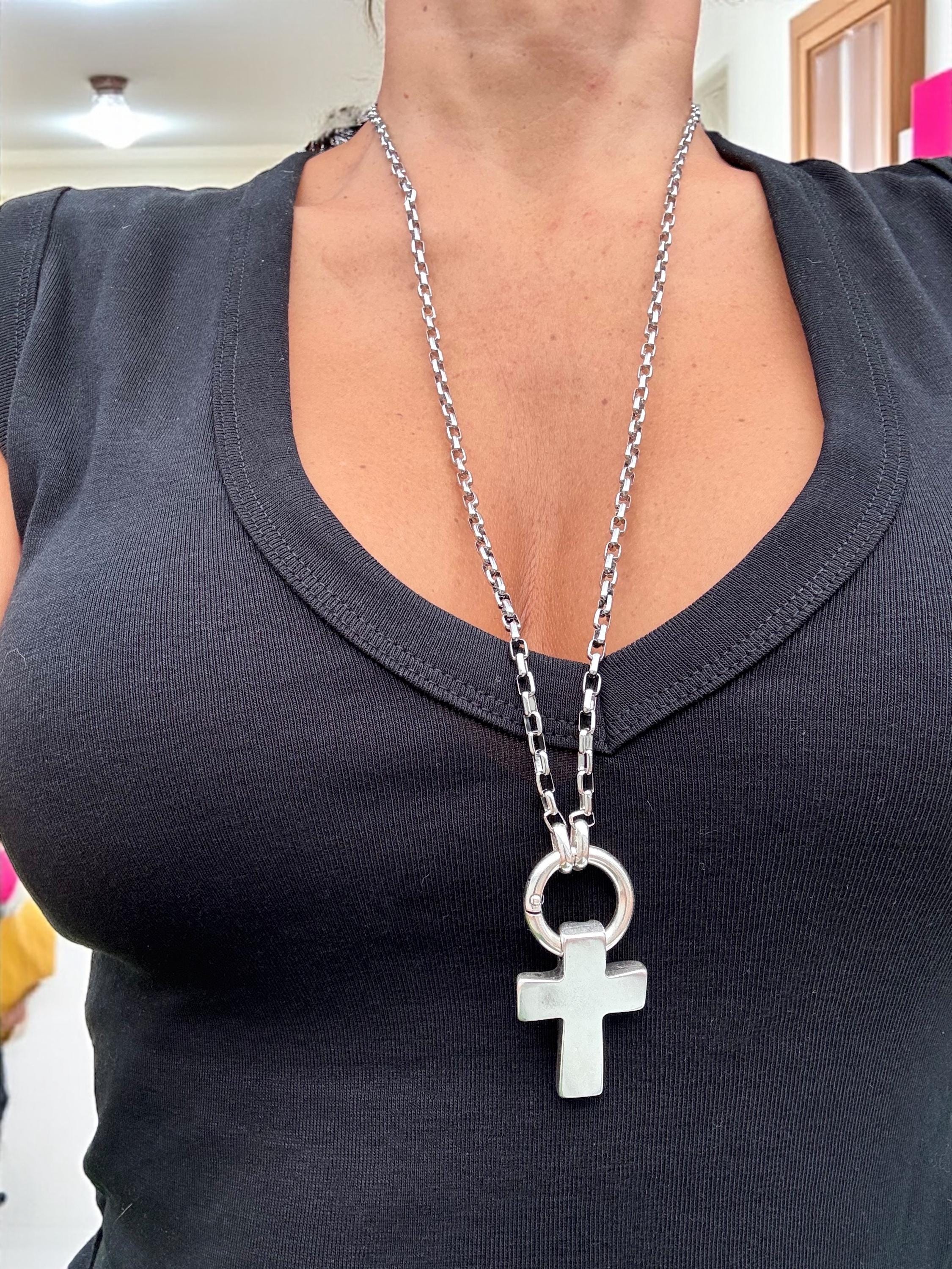 Multi-Position long chunky Silver Necklace – statement Cross Pendant – 3-in-1 Layered Chain – Handmade Kukuri Jewelry