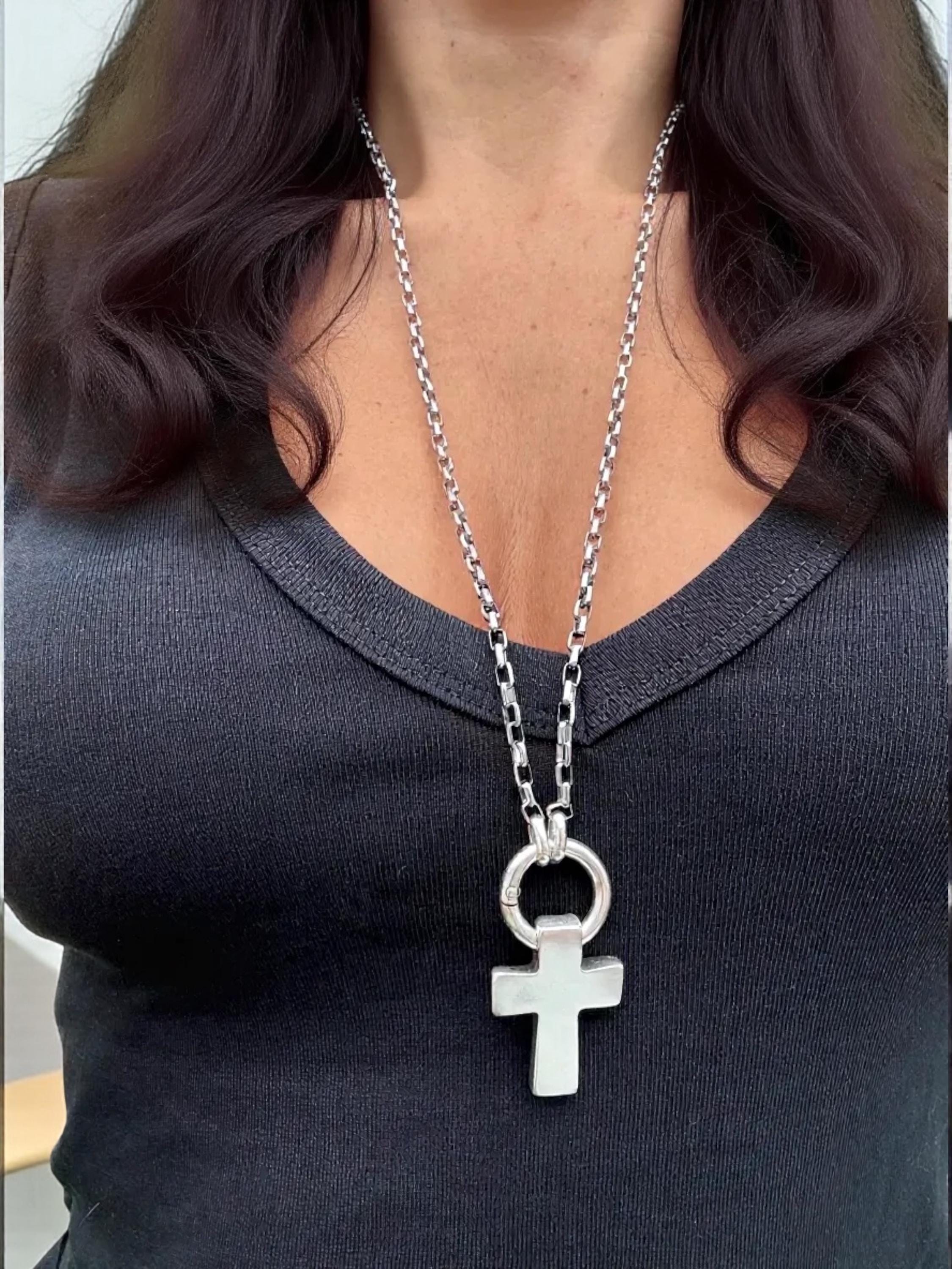 Multi-Position long chunky Silver Necklace – statement Cross Pendant – 3-in-1 Layered Chain – Handmade Kukuri Jewelry