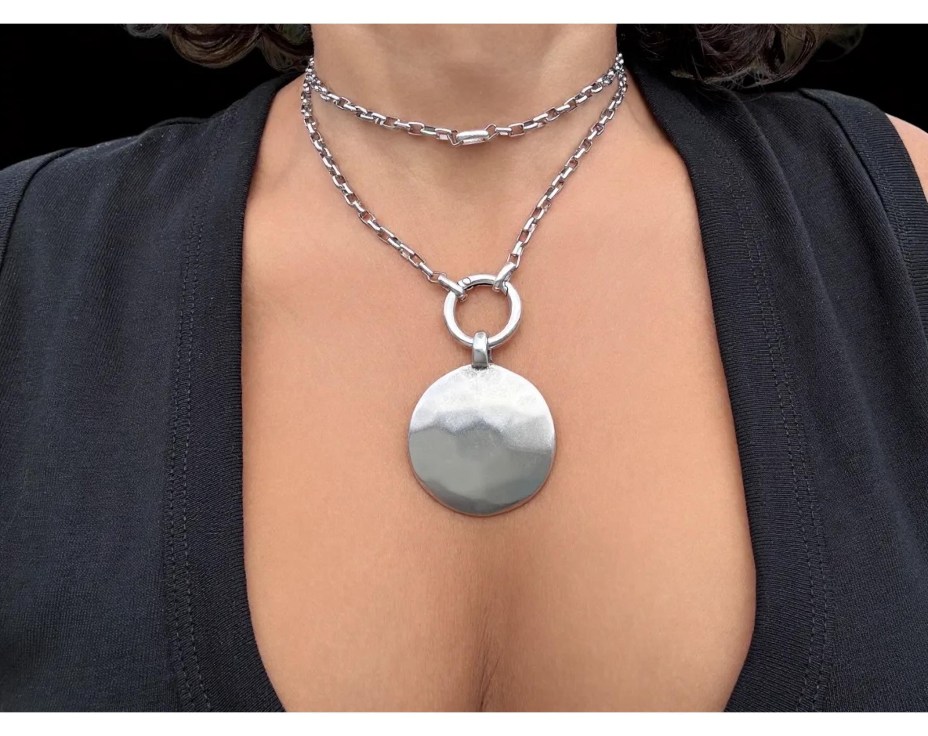 Multi-Position long chunky Silver Necklace – Hammered statement Pendant – 3-in-1 Layered Chain – Handmade Kukuri Jewelry