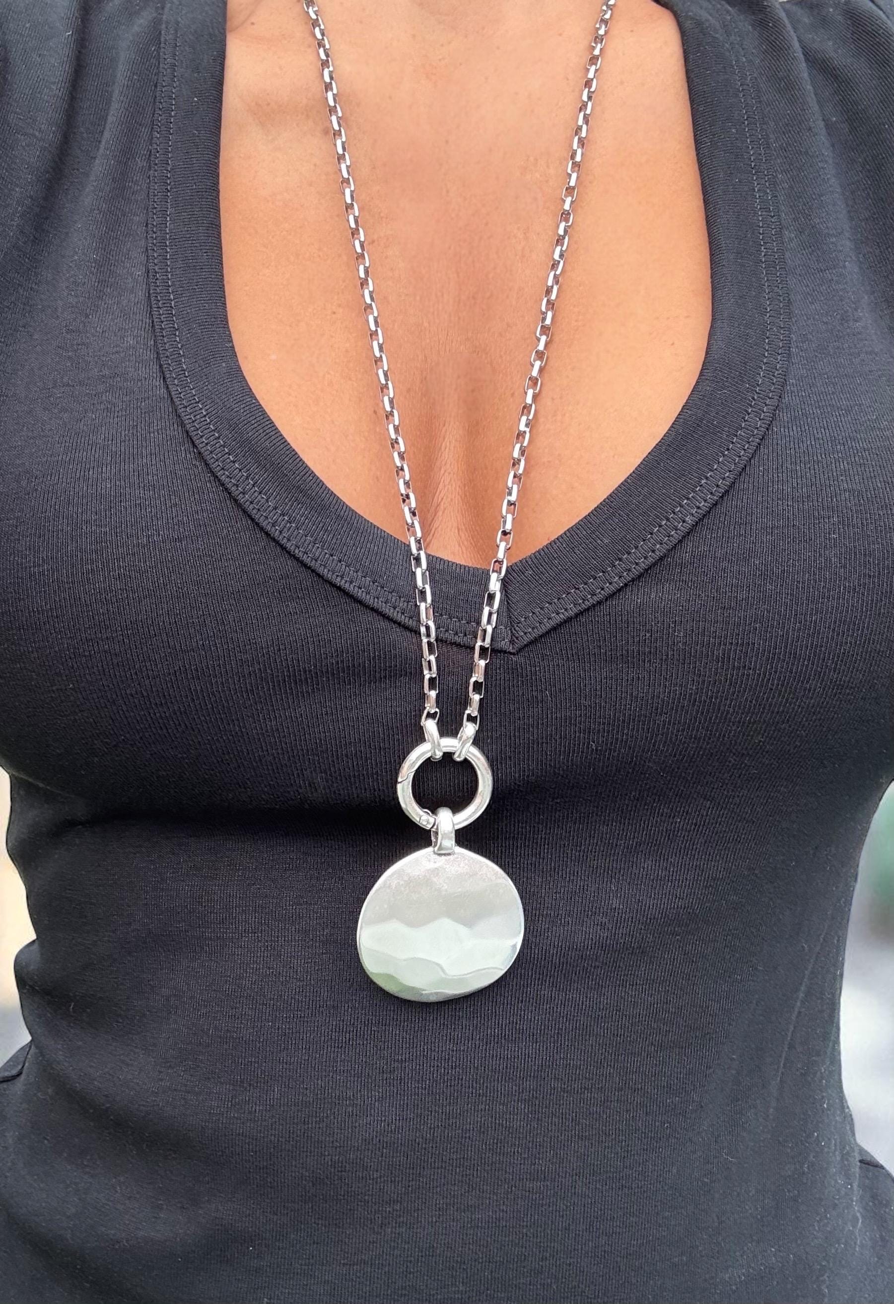 Multi-Position long chunky Silver Necklace – Hammered statement Pendant – 3-in-1 Layered Chain – Handmade Kukuri Jewelry