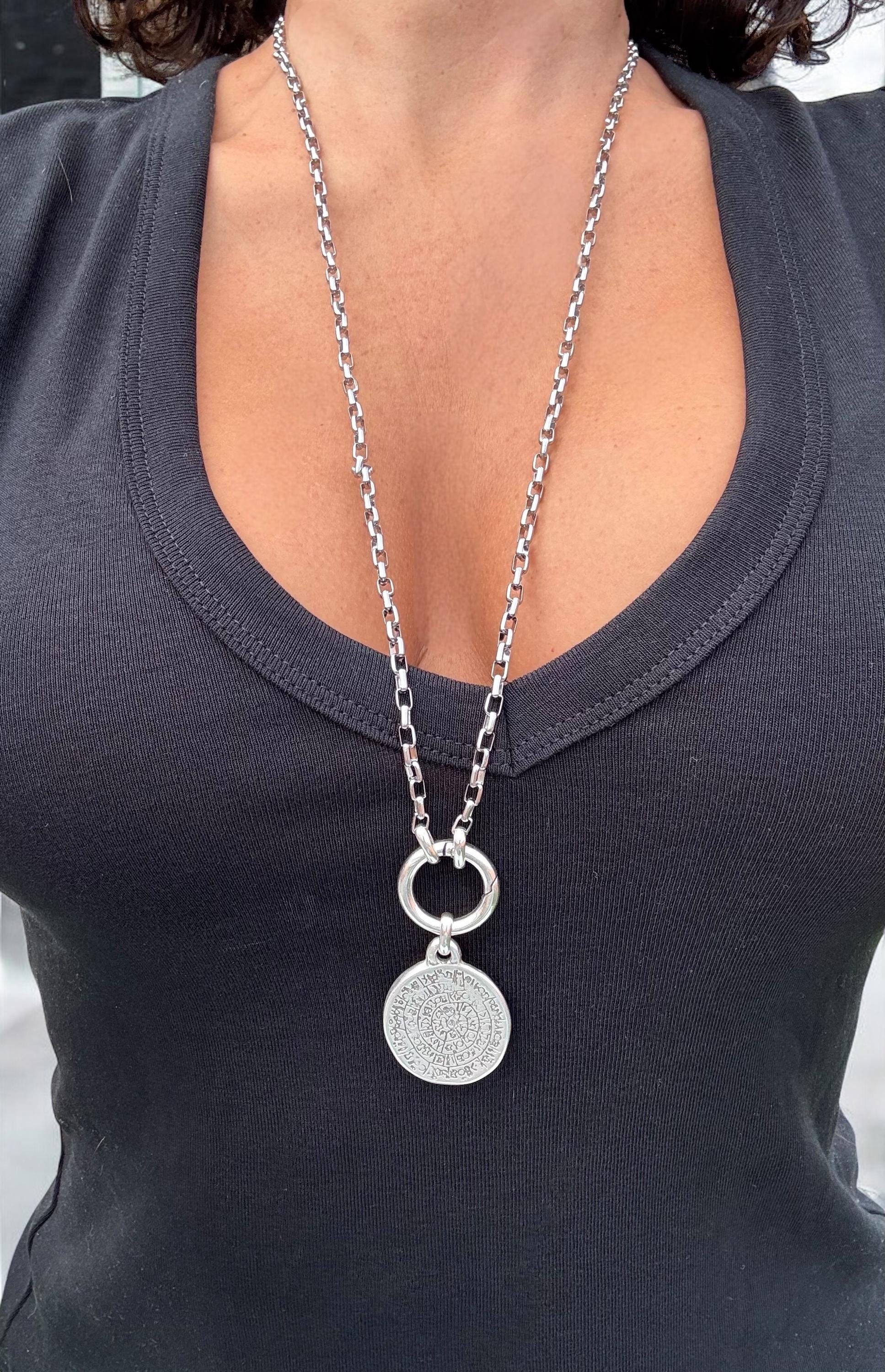 Long Chunky Silver plated Multi‑Position Necklace – Pendant with a Symbolic Touch – 3‑in‑1 steel Chain –