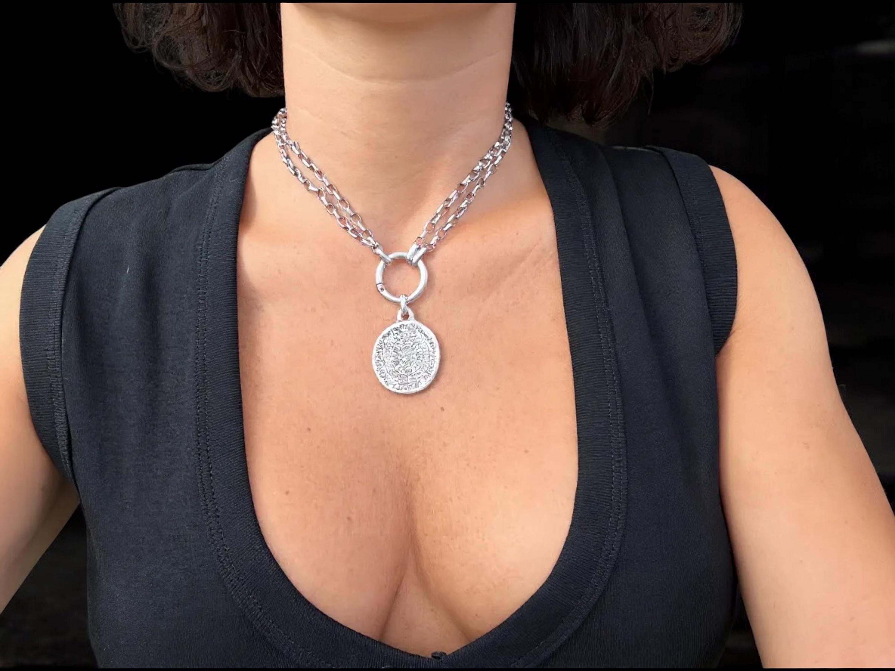 Long Chunky Silver plated Multi‑Position Necklace – Pendant with a Symbolic Touch – 3‑in‑1 steel Chain –