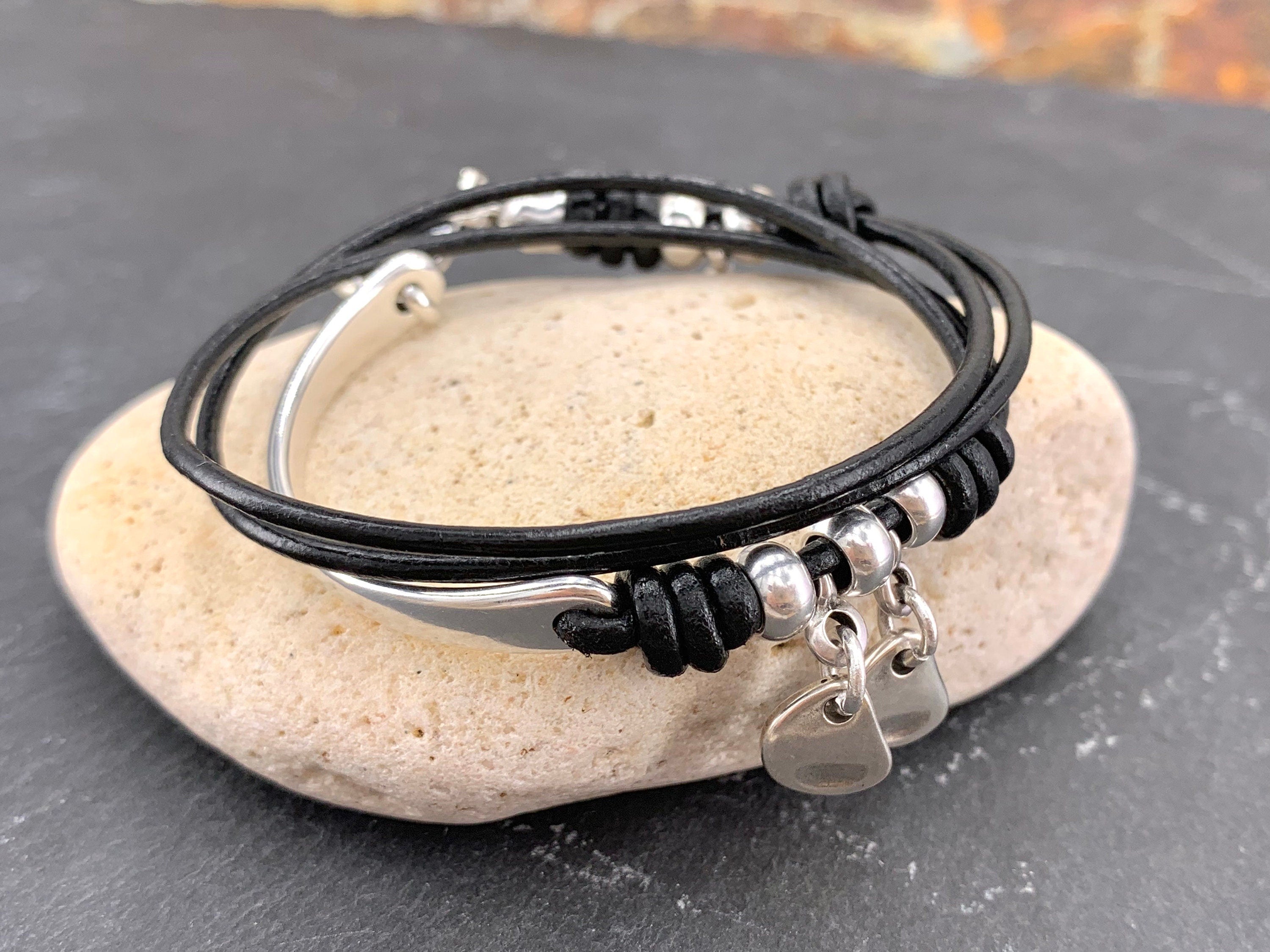 Handmade wrap silver plated and leather charms bracelet, cord half cuff, bohemian tribal style