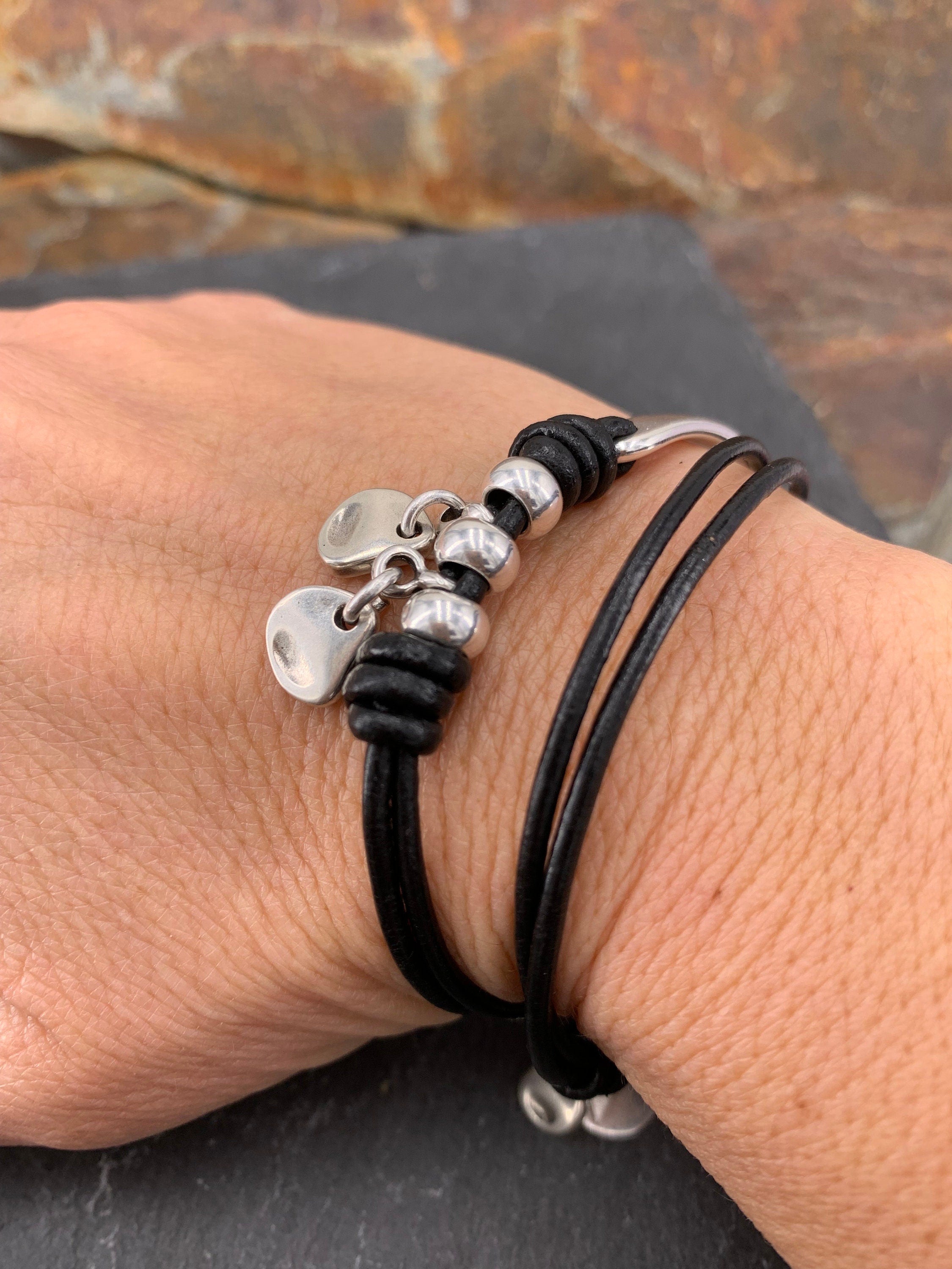 Handmade wrap silver plated and leather charms bracelet, cord half cuff, bohemian tribal style