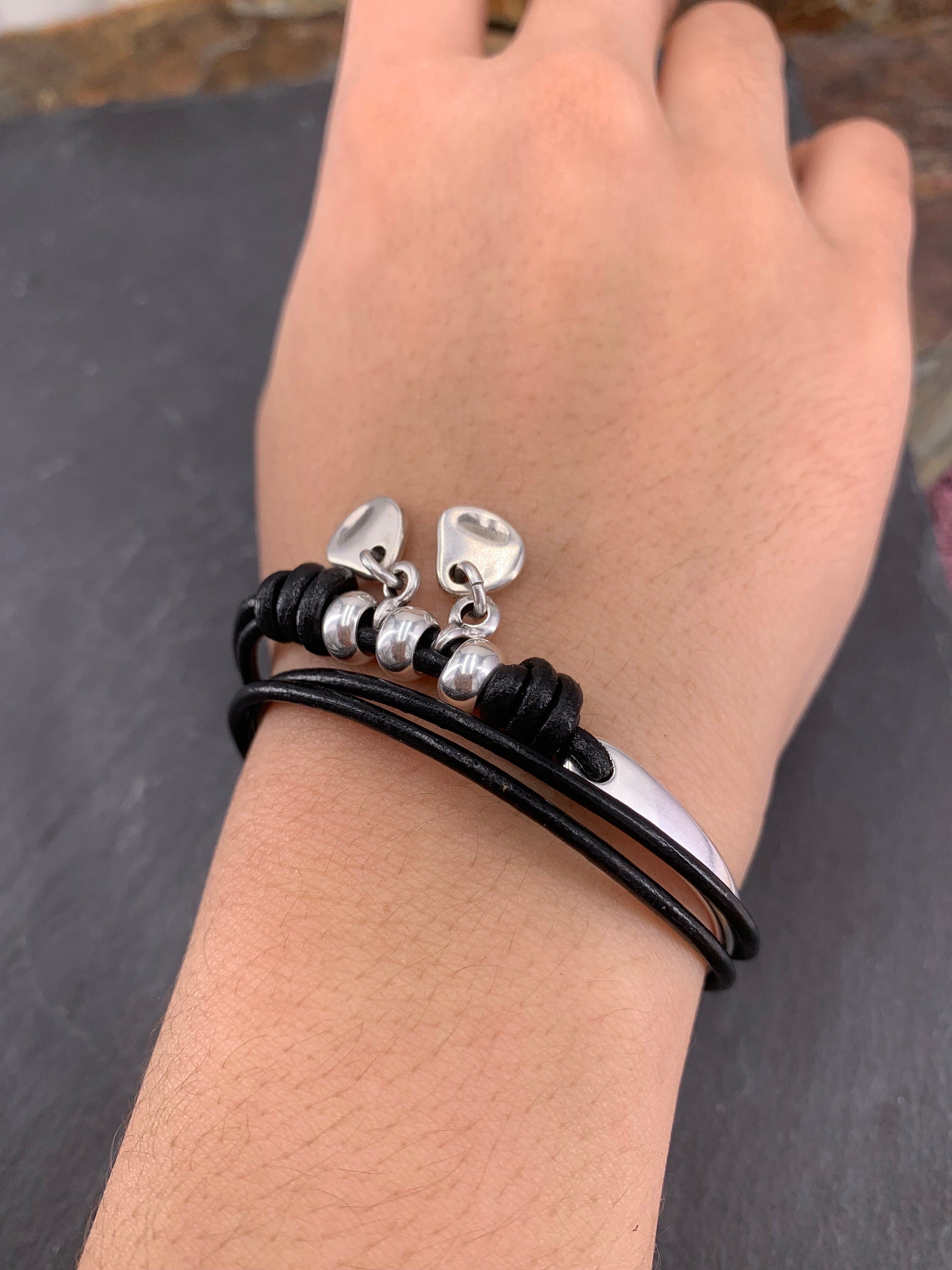 Handmade wrap silver plated and leather charms bracelet, cord half cuff, bohemian tribal style
