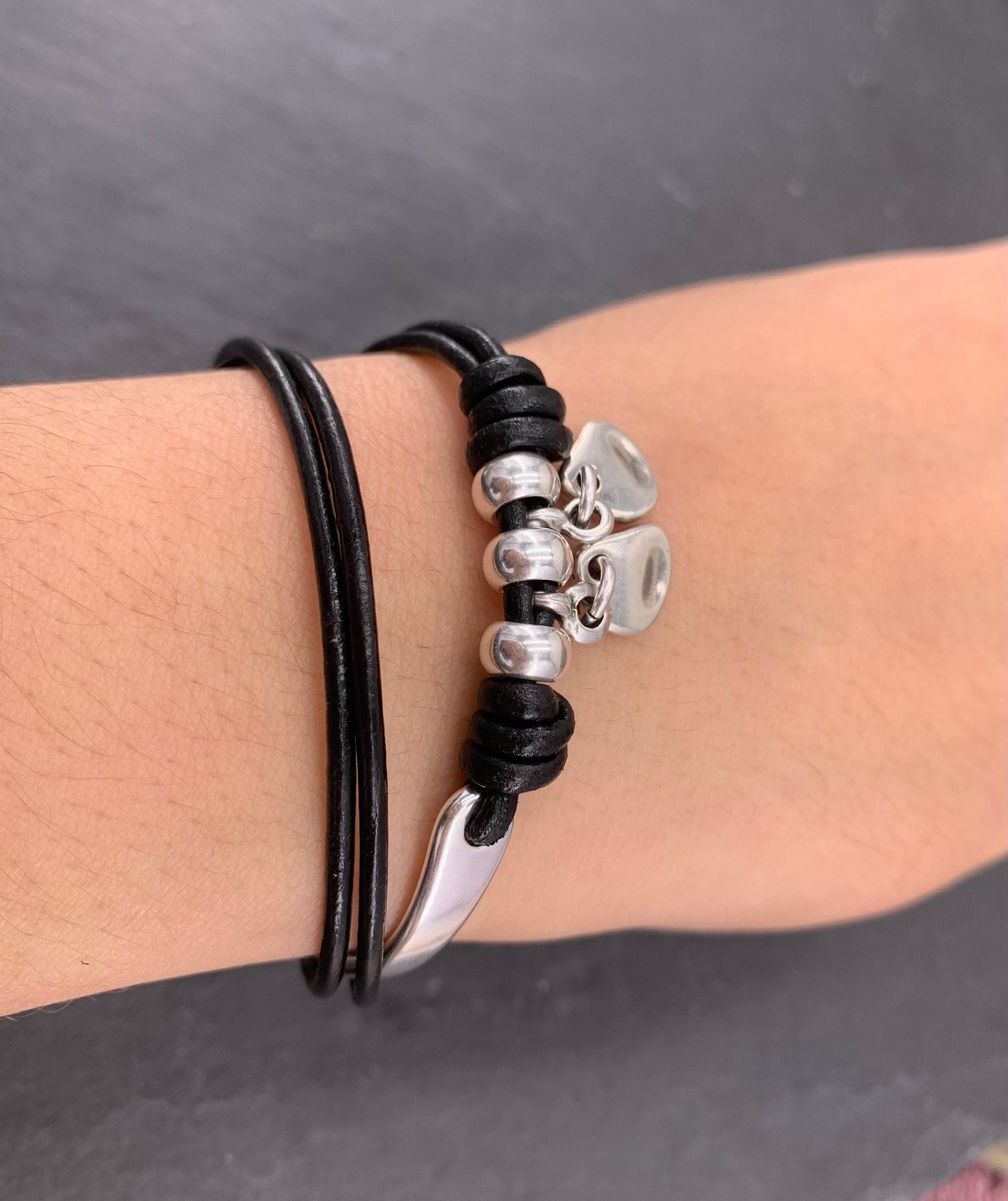 Handmade wrap silver plated and leather charms bracelet, cord half cuff, bohemian tribal style