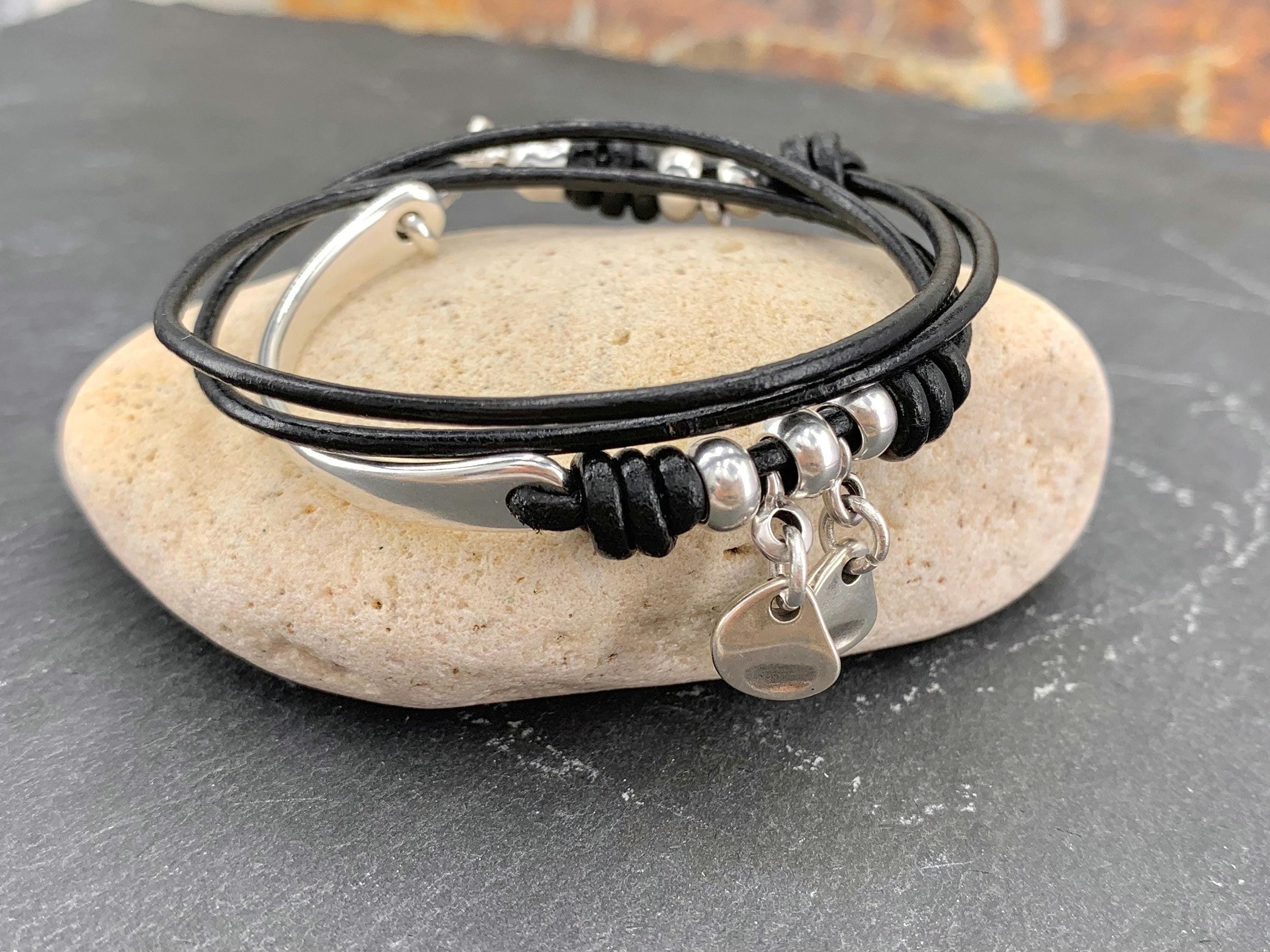 Handmade wrap silver plated and leather charms bracelet, cord half cuff, bohemian tribal style