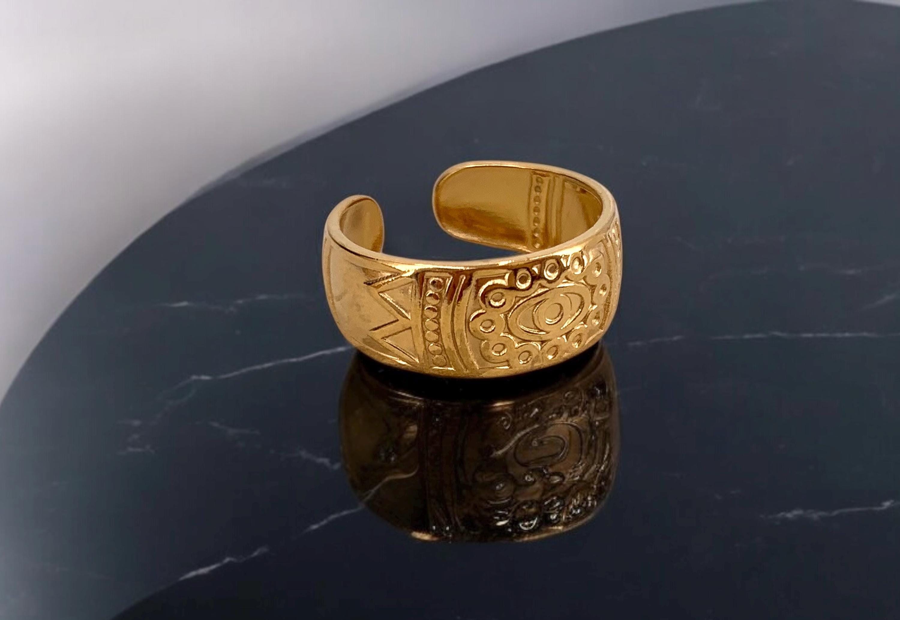 Engraved silver or gold ring, Bohemian ring, unique design ring, statement ring, tribal ring, bold ring, stainless steel ring, gift for her