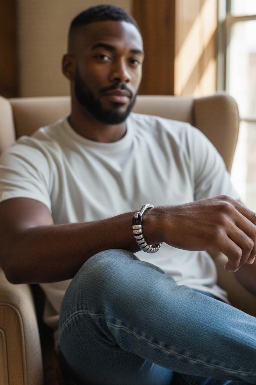 Men’s Leather chunky Bracelet – Silver Bead Half Cuff – Surf & Rock Style – industrial – Handmade Kukuri Jewelry