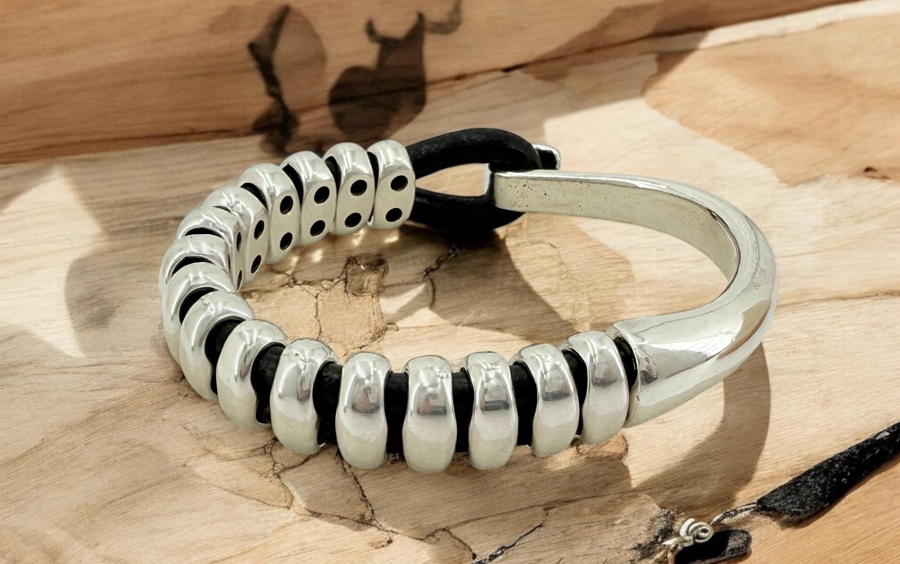 Men’s Leather chunky Bracelet – Silver Bead Half Cuff – Surf & Rock Style – industrial – Handmade Kukuri Jewelry