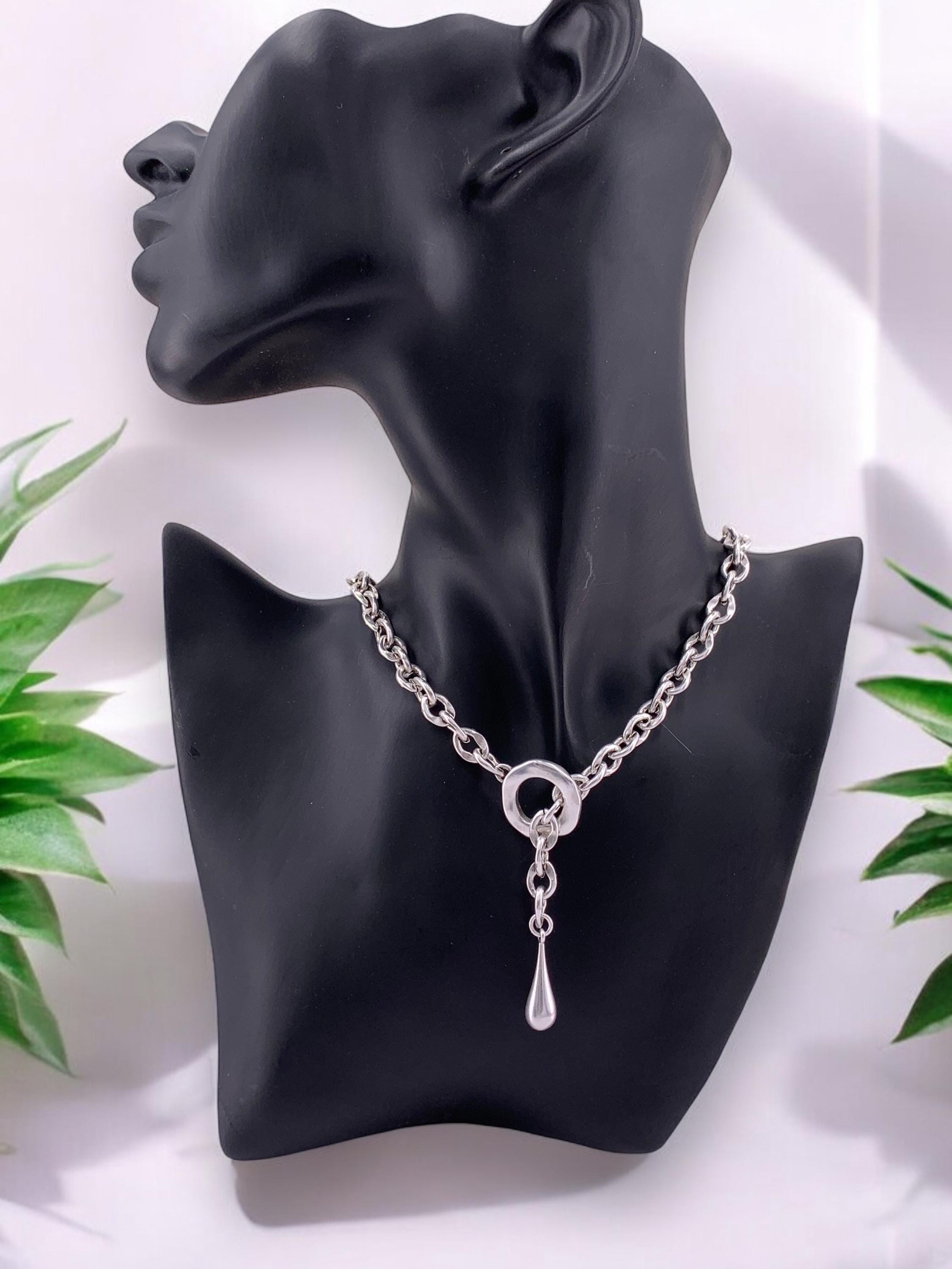 Silver chain Y necklace , chunky chain silver lariat necklace, teardrop pendant layering necklace, , chunky adjustable choker