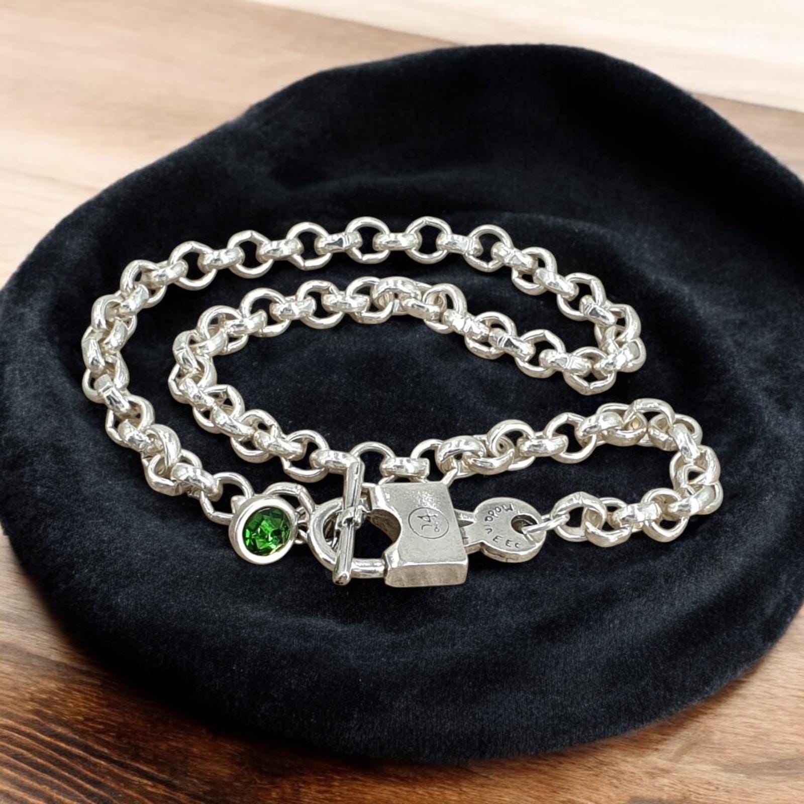 Chunky silver Chain Necklace with Bold Padlock Toggle Clasp with Swarovski crystal Charm