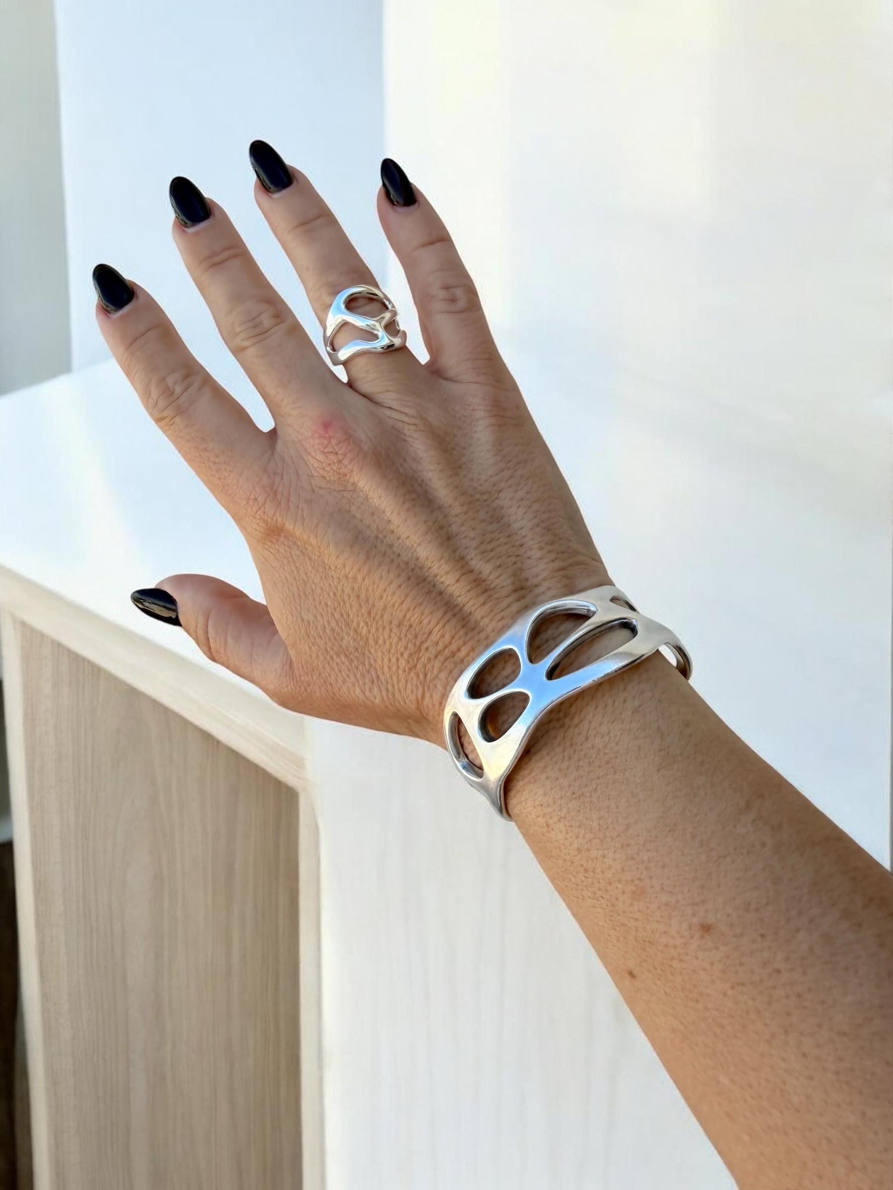 Chunky silver adjustable cuff, Sculptural Silver-Plated Bracelet, Modern Openwork bangle, Bold Jewelry