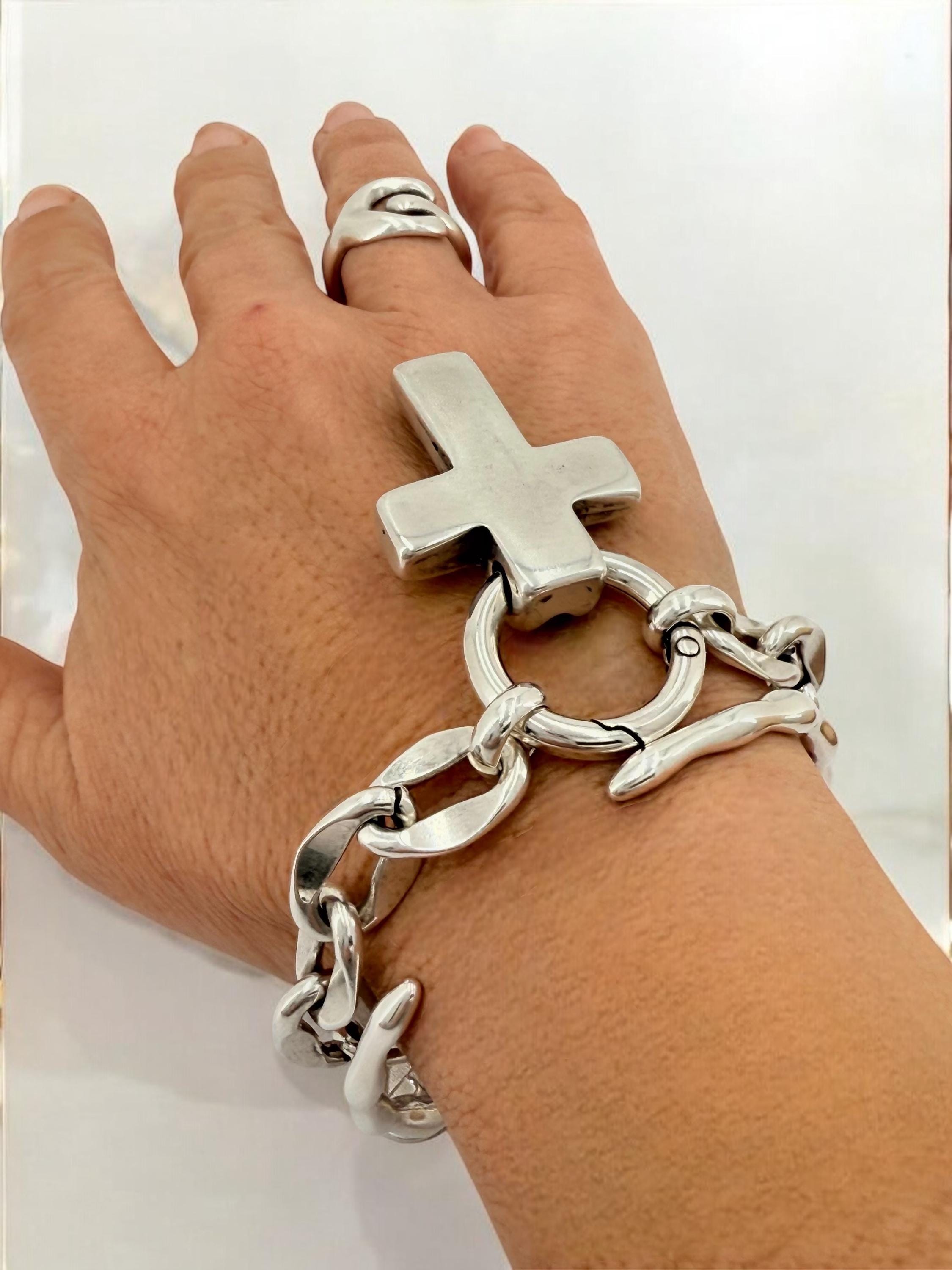 Chunky silver chain bracelet with bold cross pendant, handmade customized Jewelry.