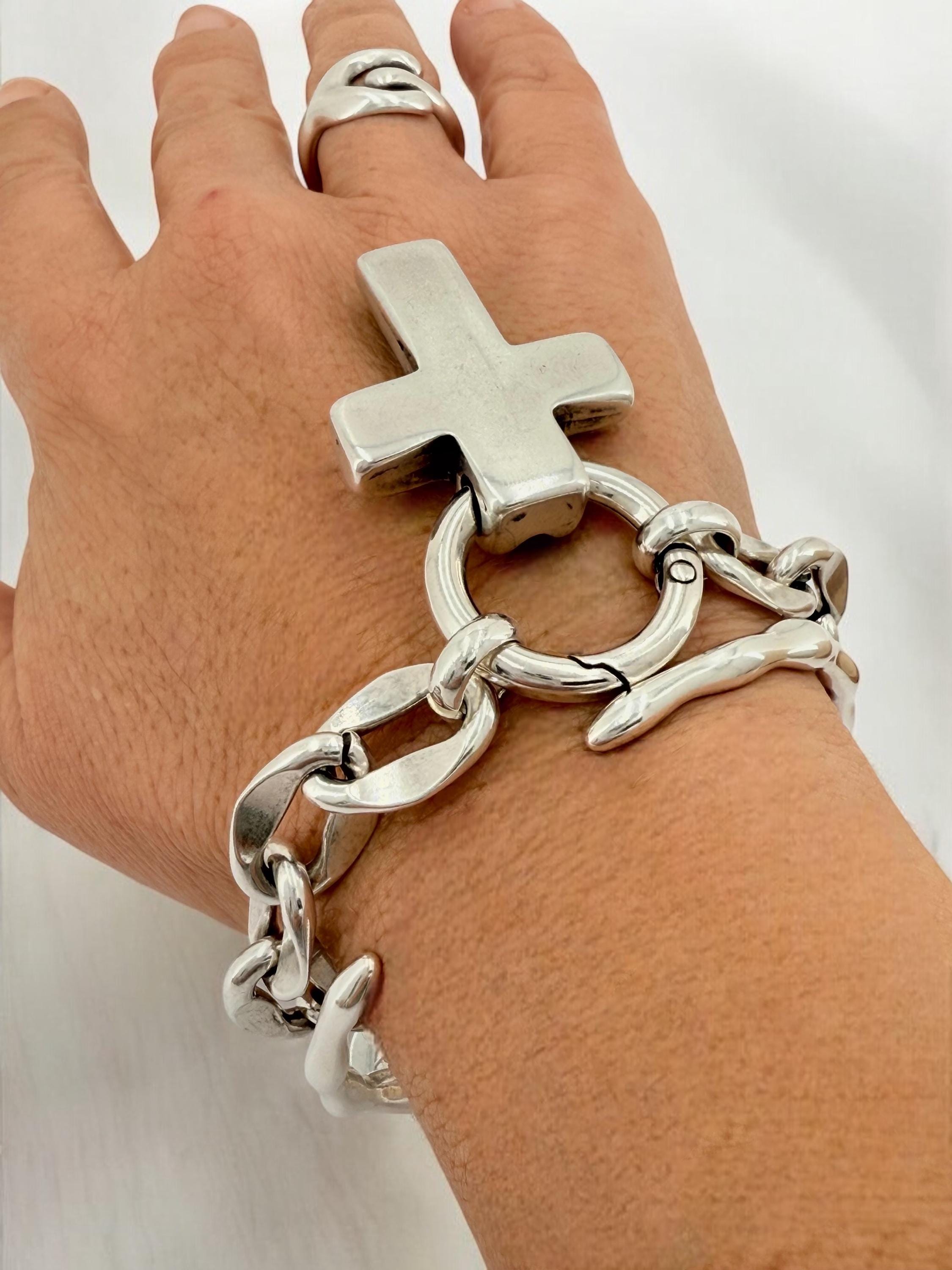 Chunky silver chain bracelet with bold cross pendant, handmade customized Jewelry.