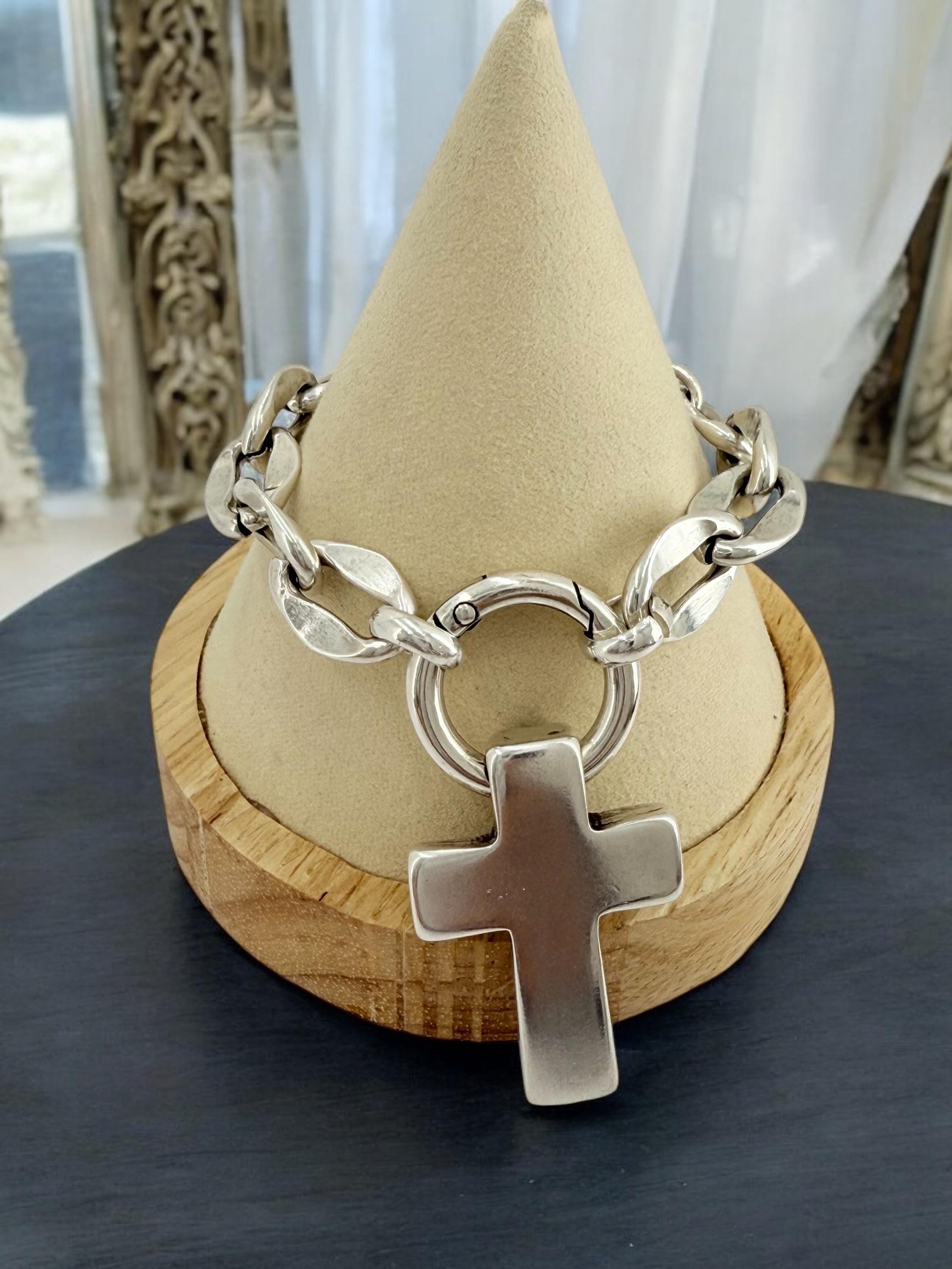 Chunky silver chain bracelet with bold cross pendant, handmade customized Jewelry.