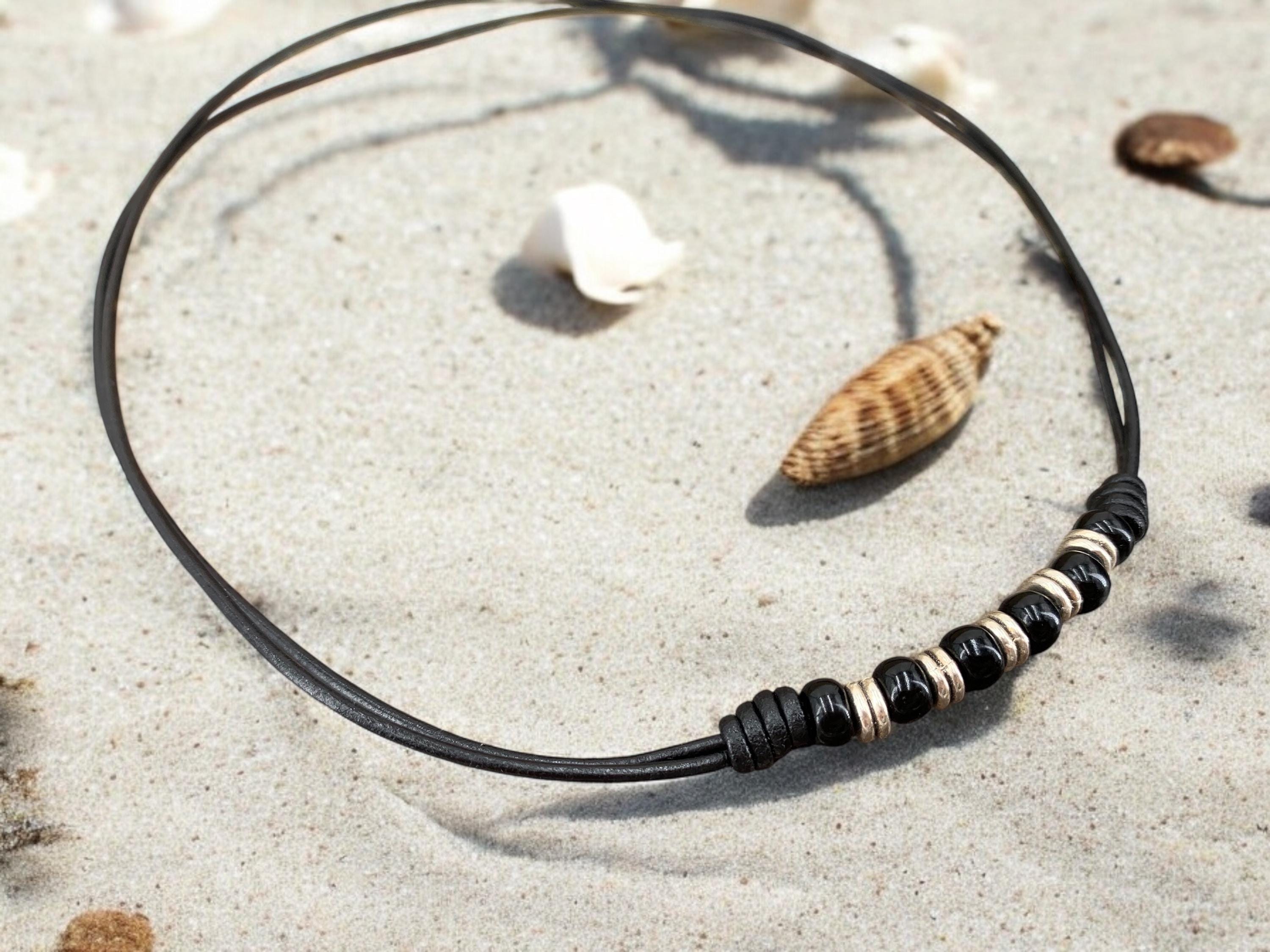 Leather necklace for men, beaded knotted choker, bohemian jewelry