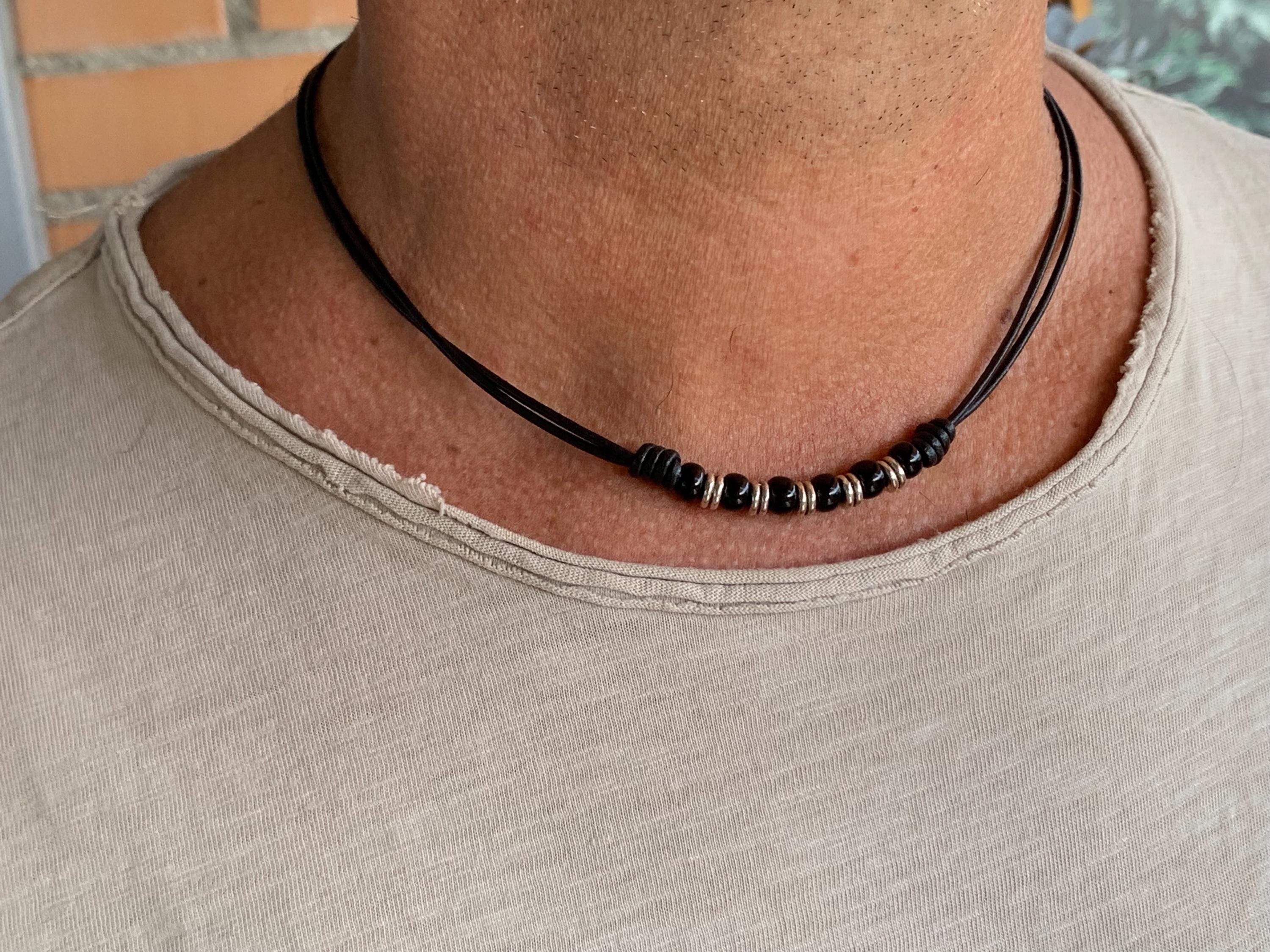 Leather necklace for men, beaded knotted choker, bohemian jewelry