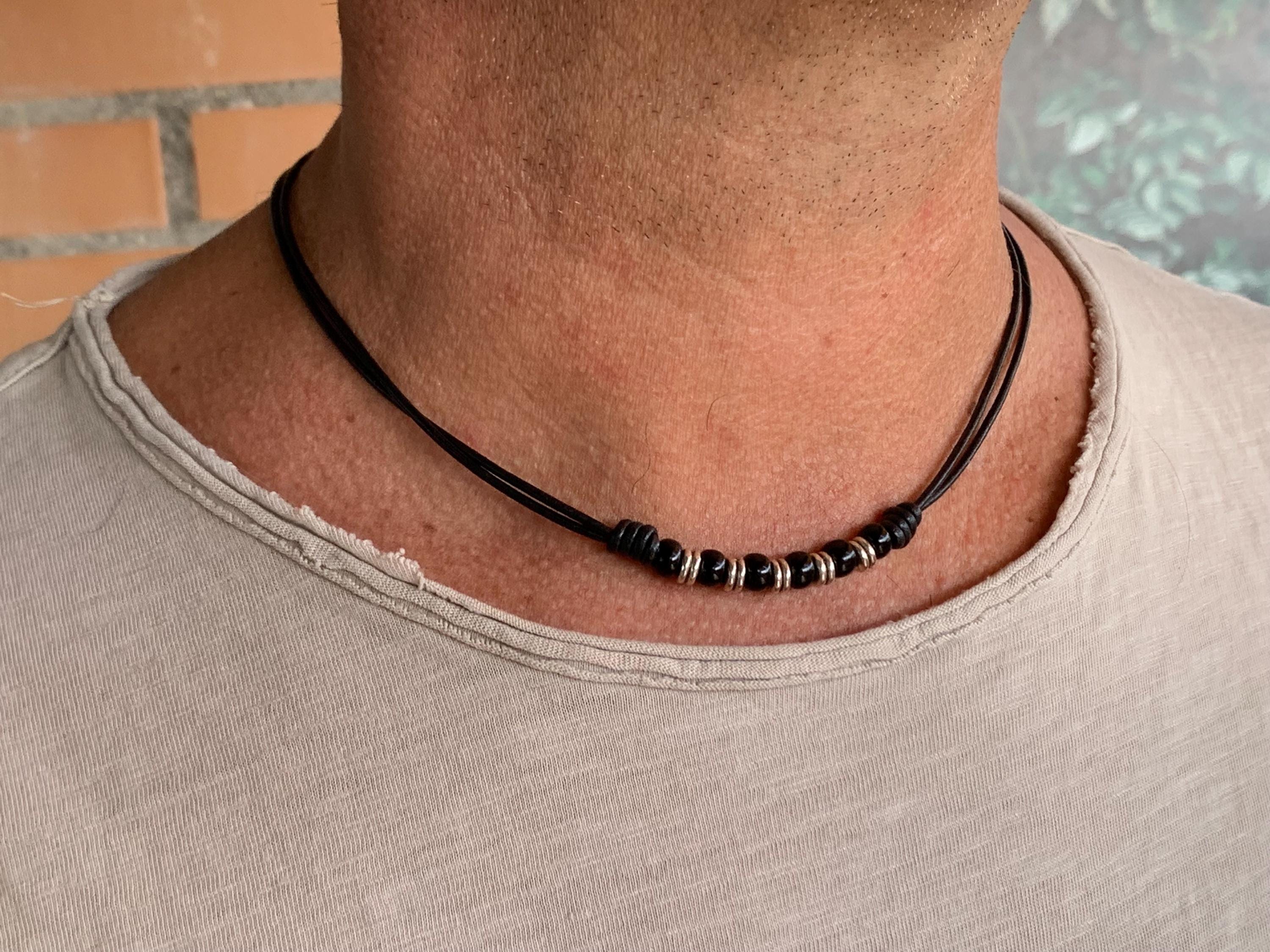 Leather necklace for men, beaded knotted choker, bohemian jewelry