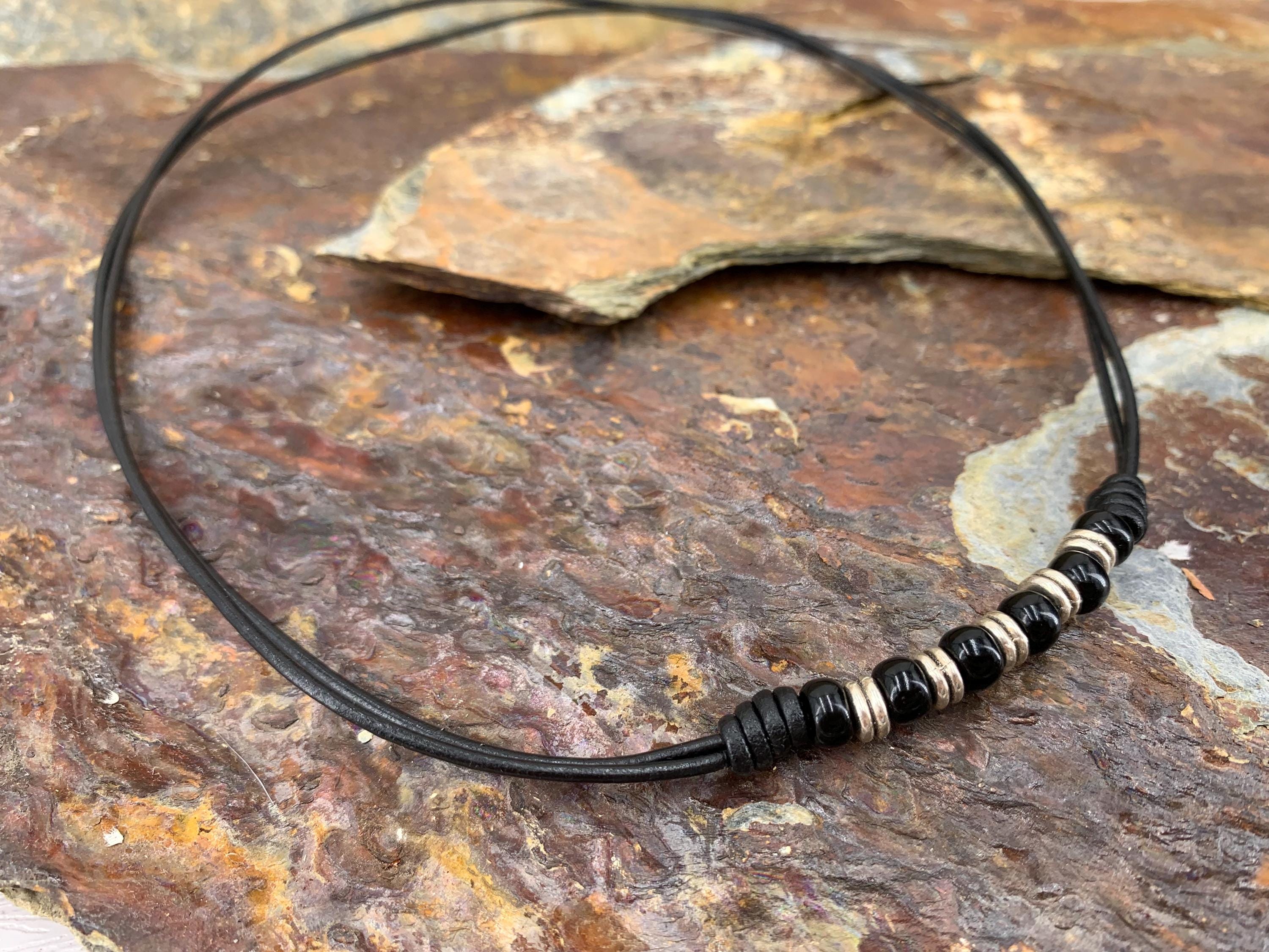Leather necklace for men, beaded knotted choker, bohemian jewelry