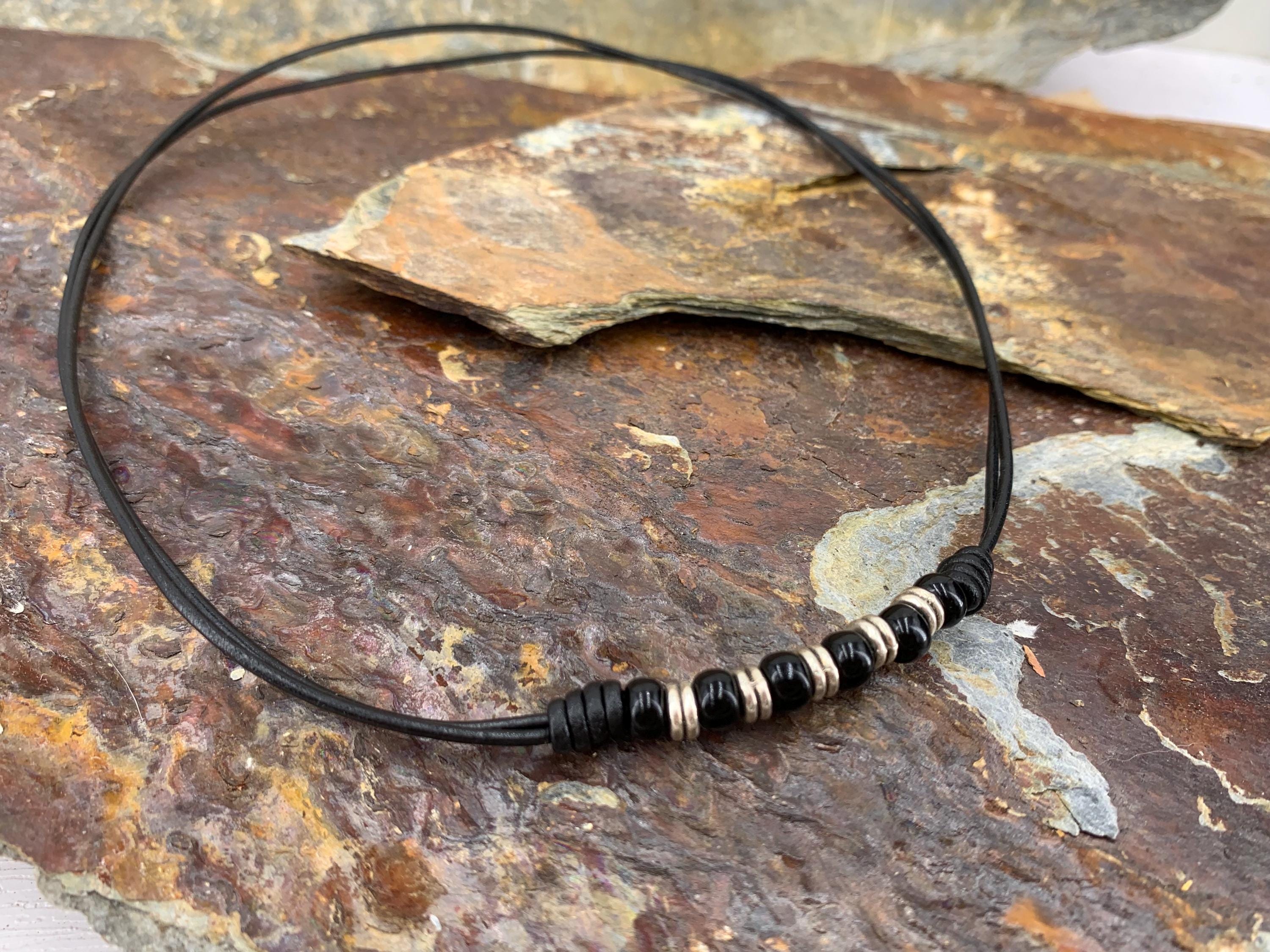 Leather necklace for men, beaded knotted choker, bohemian jewelry